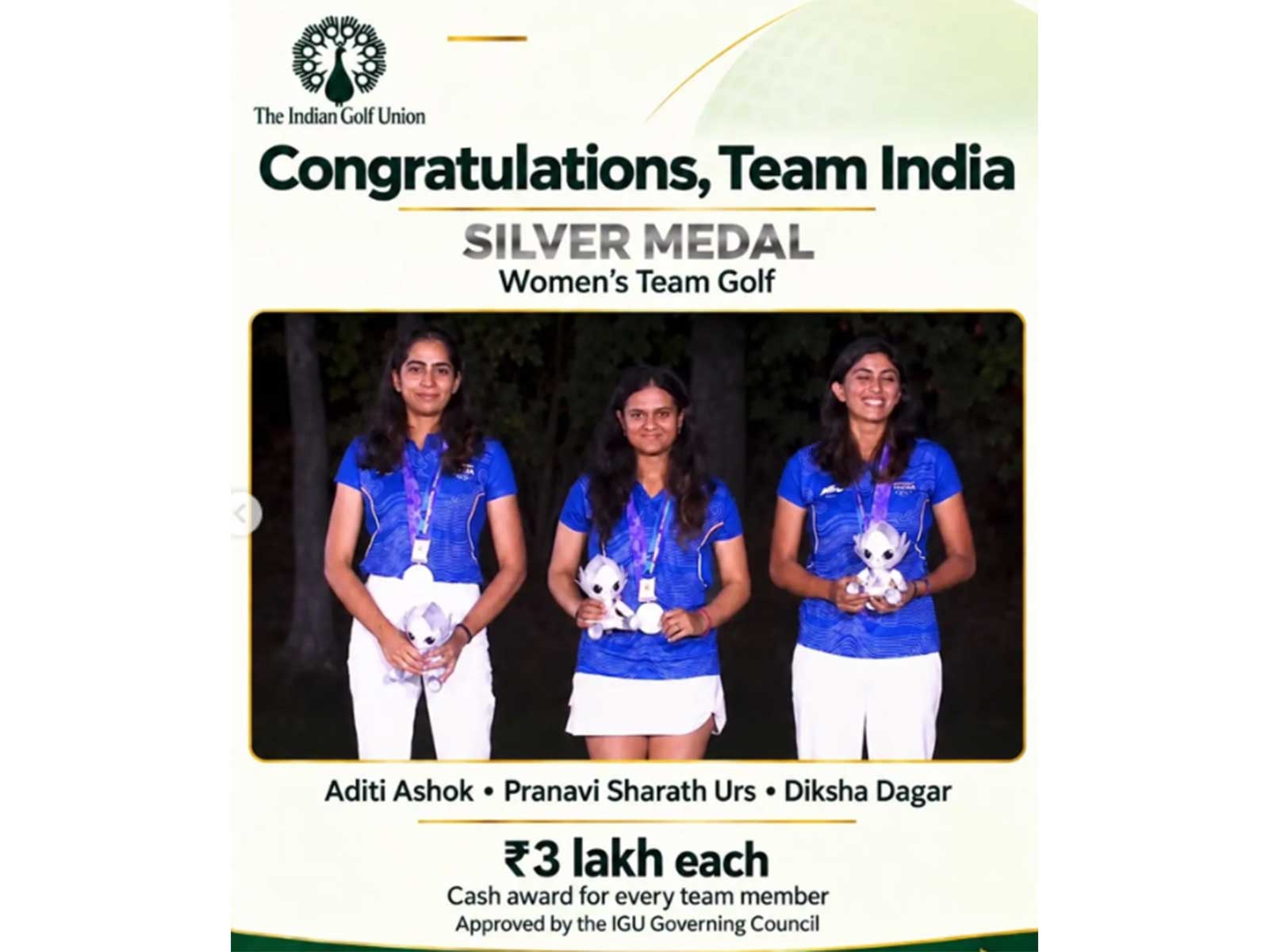 India women's golf team which won silver medal at Asian Games 2026. (Photo: Instagram/ The Indian Golf Union)