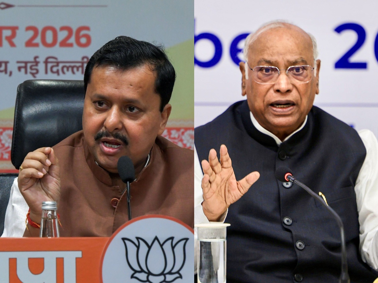 BJP President Nitin Nabin and Congress President Mallikarjun Kharge (Photos/ANI)