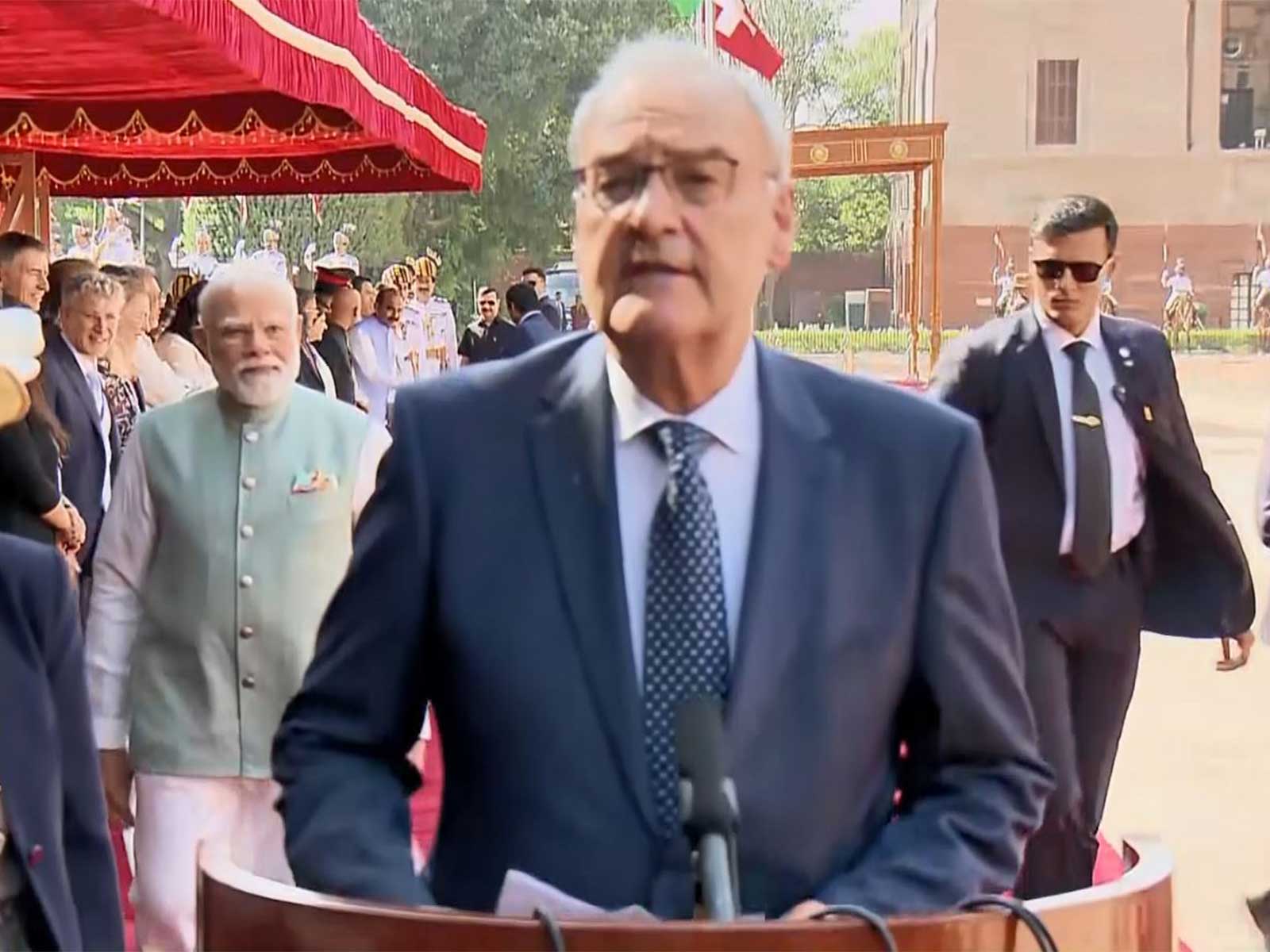 Swiss Confederation President Guy Parmelin addressing the media after his ceremonial reception at the forecourt of Rashtrapati Bhavan in New Delhi. (Photo/ANI)
