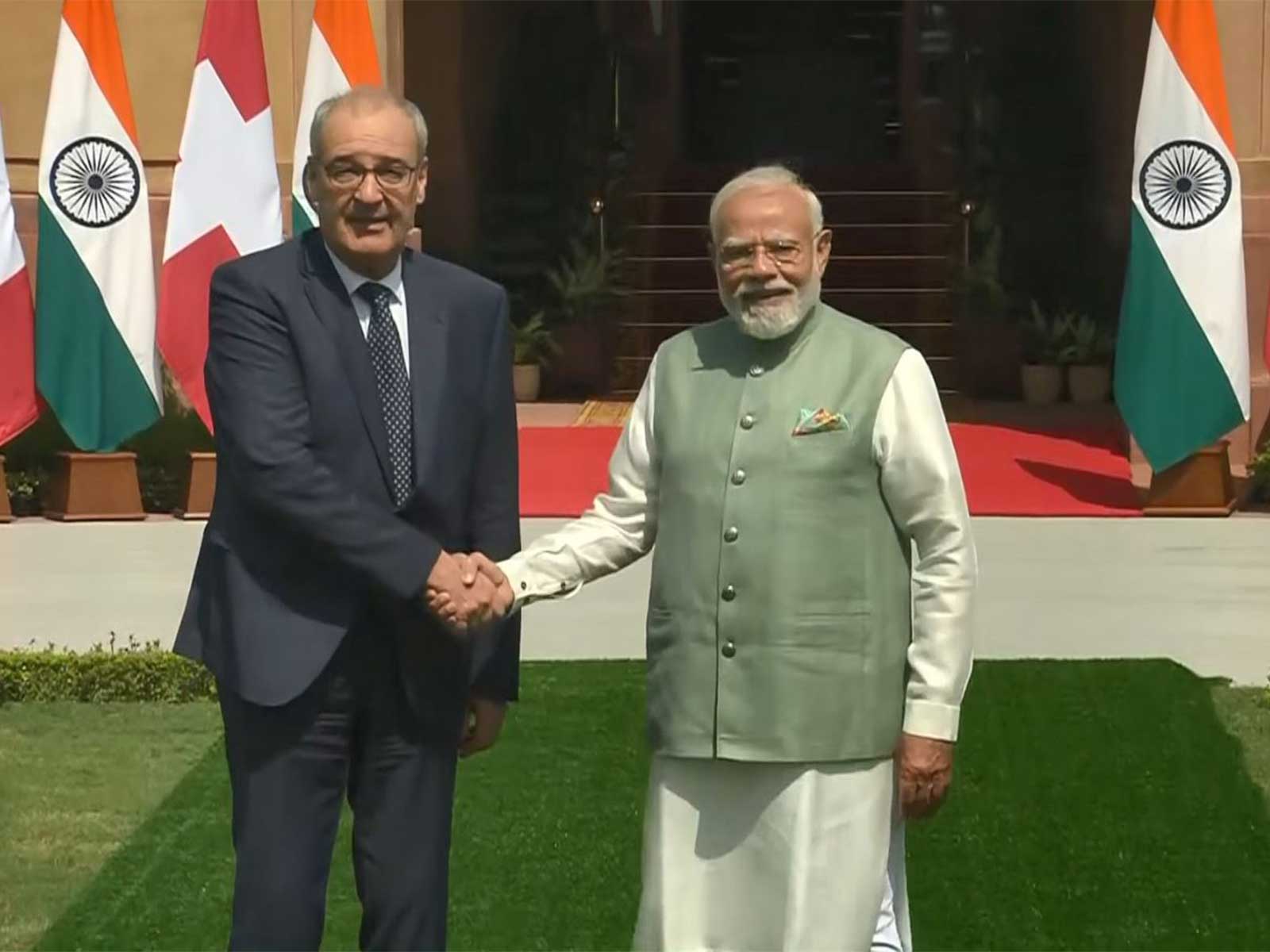 Prime Minister Narendra Modi meets Swiss Confederation President Guy Parmelin at Hyderabad House in New Delhi. (Photo/ANI)