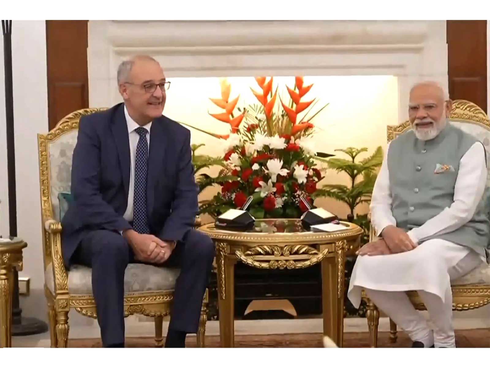 Prime Minister Narendra Modi and Swiss President Guy Parmelin during their bilateral talks at Hyderabad House in New Delhi. (Photo/ANI)