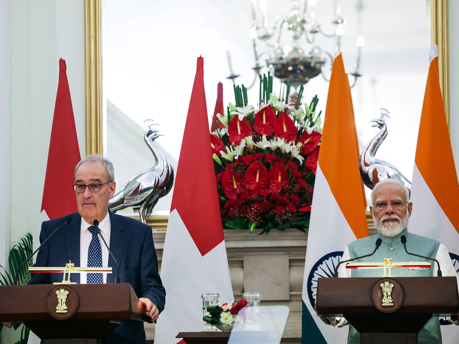 Prime Minister Narendra Modi and Swiss President Guy Parmelin during the Joint Press Statement (Photoi/ANI)