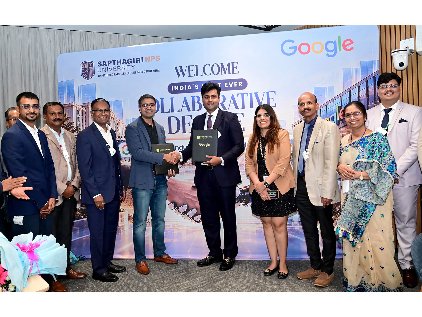 MOU Signing & File Exchange between SNPSU and Google Cloud, with Shanoop, Head, Google AI GTM, India, and G. D. Manoj, Pro-Chancellor, SNPSU