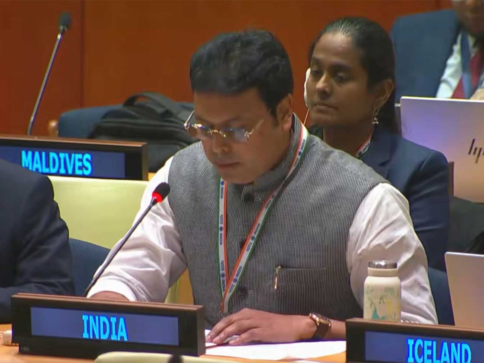 BJP Lok Sabha MP Biplab Kumar Deb addresses the UN General Assembly Sixth Committee session in New York. (Photo: X/@IndiaUNNewYork)