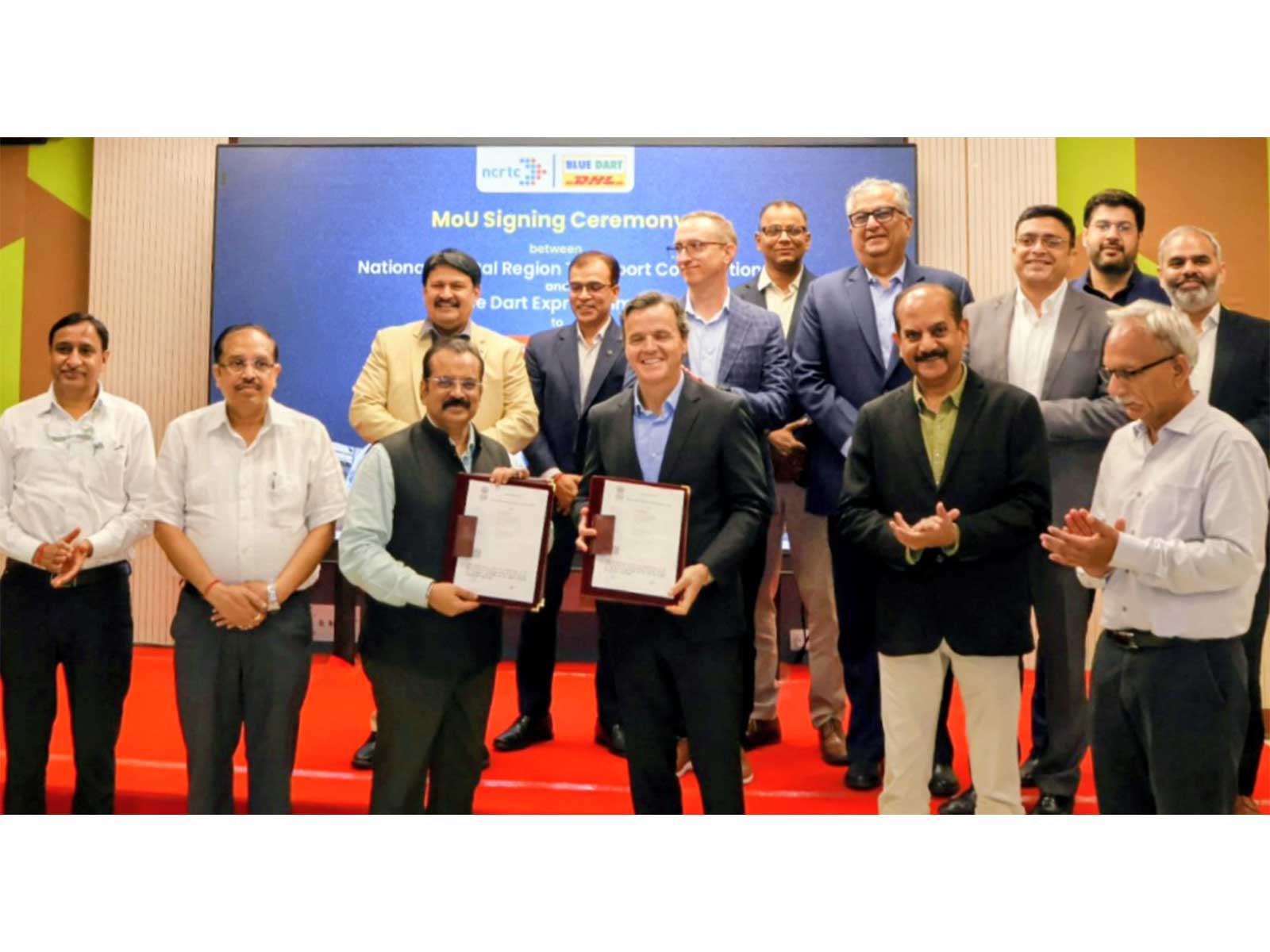 Pablo Ciano, CEO, DHL eCommerce; Balfour Manuel, MD, Blue Dart; Dipanjan Banerjee, CCO, Blue Dart; and Shalabh Goel, MD, NCRTC, at the MoU signing between Blue Dart and NCRTC