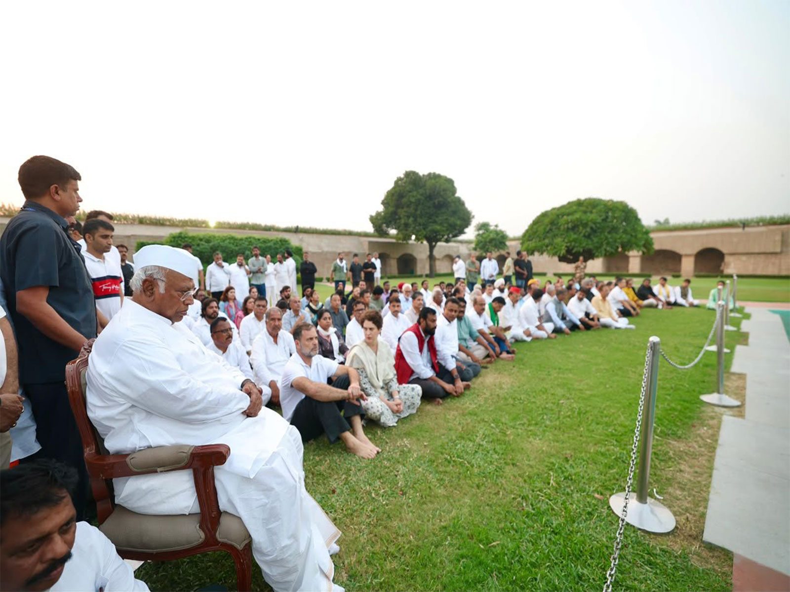 INDIA Bloc leaders stages Satyagraha at Raj Ghat (Photo/X/@kcvenugopalmp)