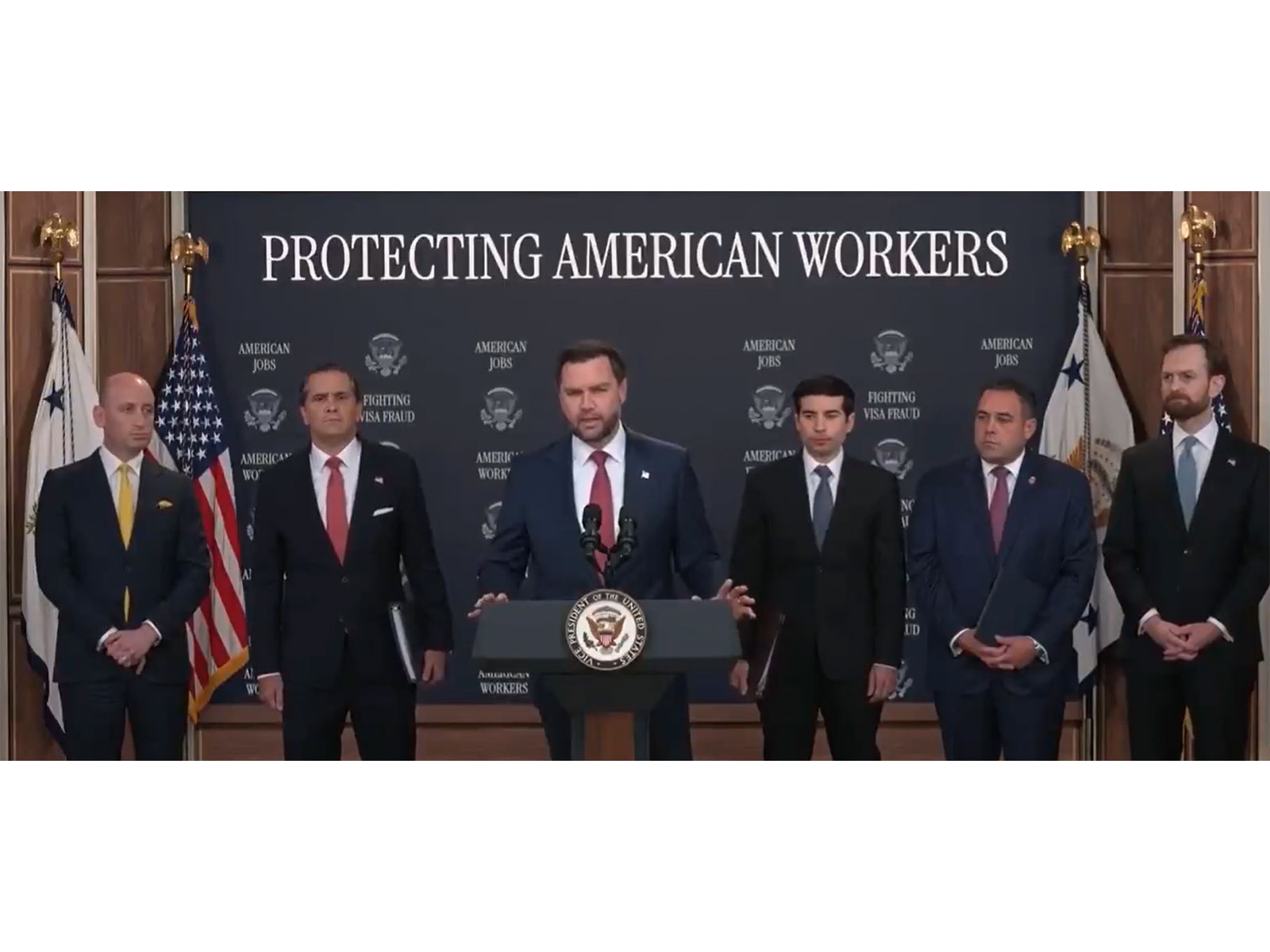 US VP JD Vance with Labour secretary Keith Sonderling and AG Todd Blanche on his left (File Photo/Reuters)
