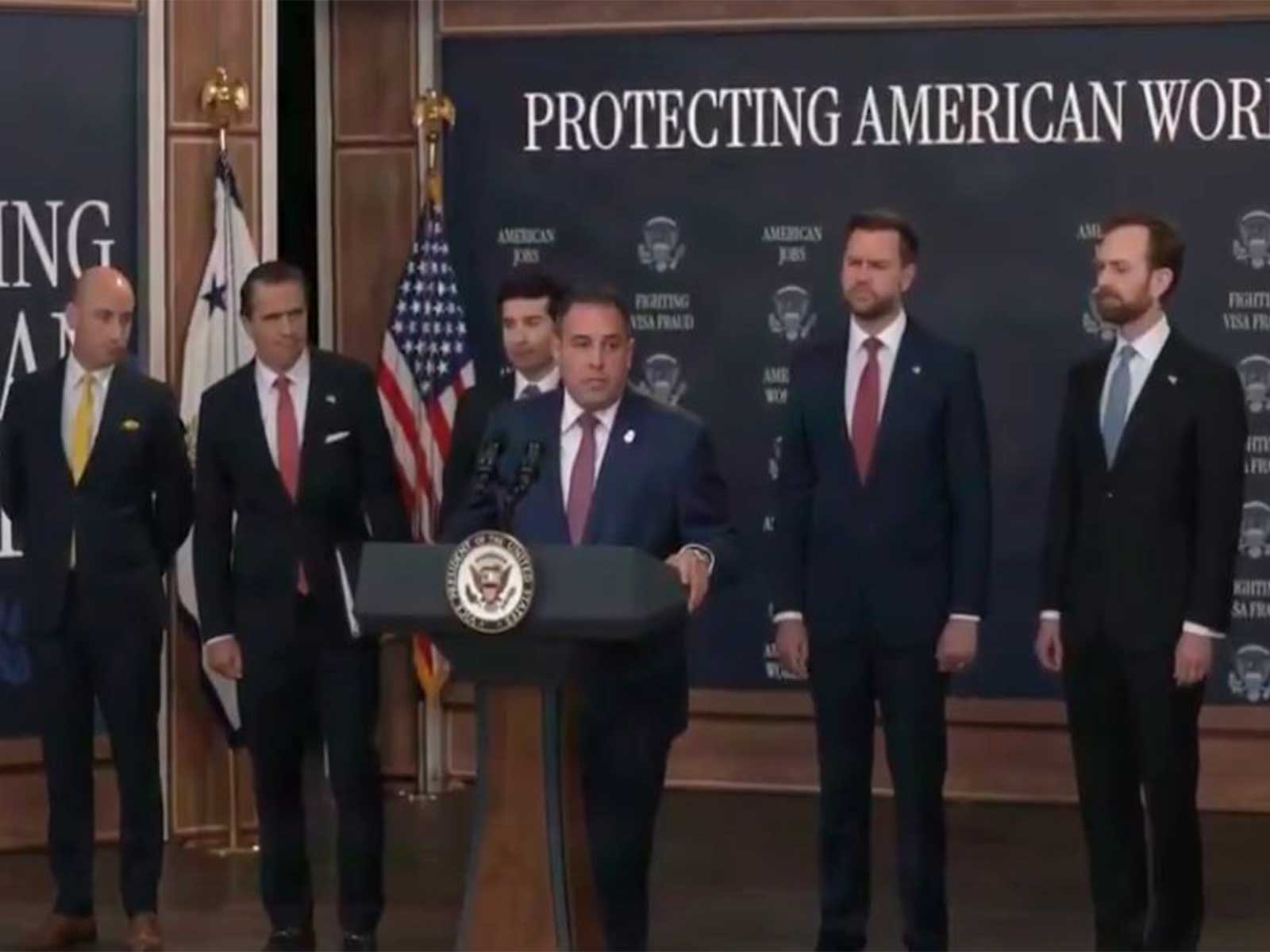 Anthony P D'Esposito, Inspector General of the US Department of Labor with US VP JD Vance, Labour Secretary Keith Sonderling, and others (Photo: x/@RapidResponse47)