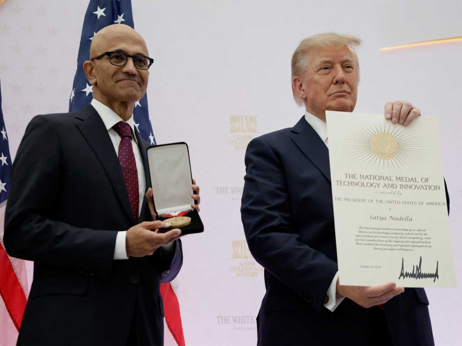 US President Donald Trump honoured Microsoft CEO Satya Nadella with the National Medal of Technology and Innovation (Photo/Reuters)