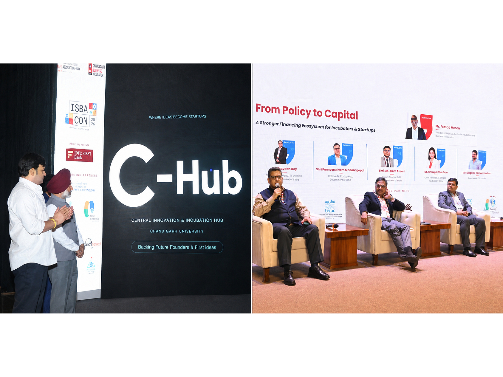 Rajya Sabha MP & CU Chancellor Satnam Singh Sandhu and Haryana Minister Gaurav Gautam launched C-Hub at the National Incubator & Capital Summit 2026, attended by angel investors across India.