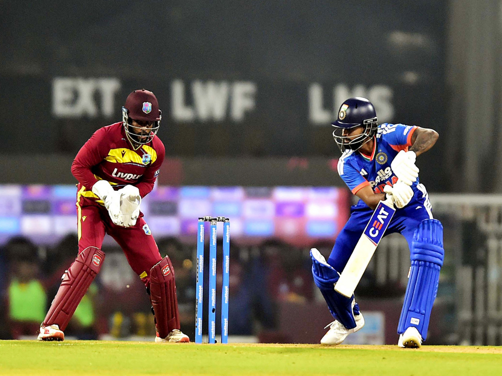 Indian skipper Shreyas Iyer plays a shot during the 1st T20I match against West Indies in Lucknow on Tuesday (Photo: ANI)