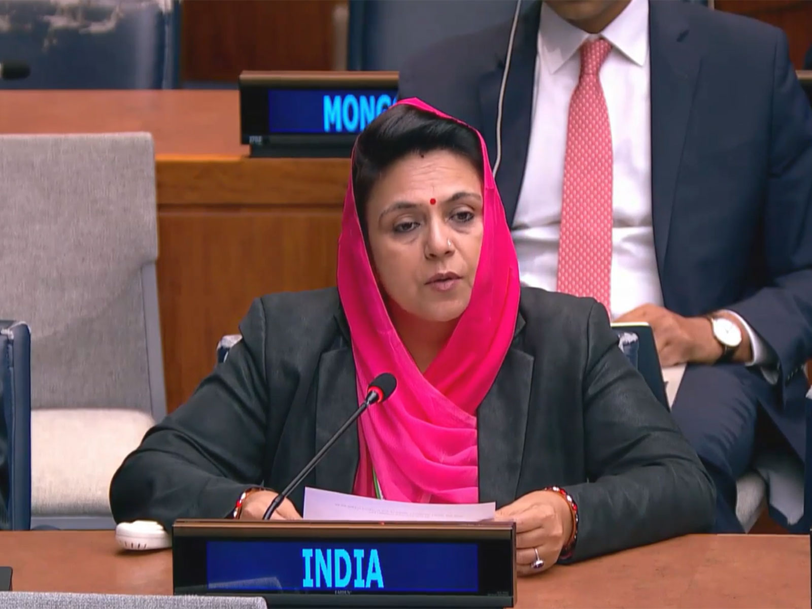 MP Mahima Kumari Mewar representing India during a discussion on 'Decolonisation' in the UN General Assembly's Fourth Committee (Photo/X/@IndiaUNNewYork)