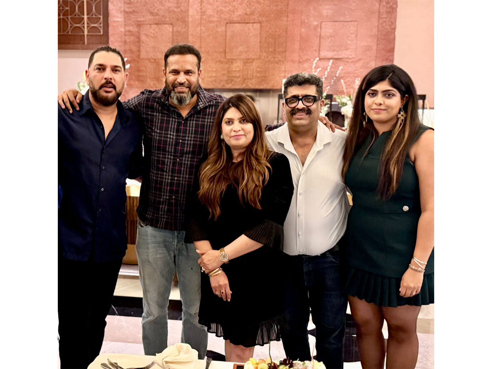 Yuvraj Singh (from left), Yusuf Pathan with India Champions owner Sumant Behl in Dubai. (Photo: ANI)