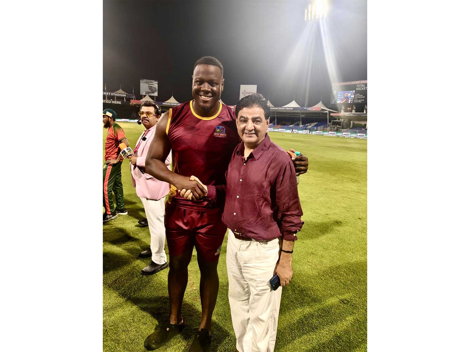 West Indies Champion player Carlos Brathwaite (L) with owner Ajay Sethi. (Photo: ANI)