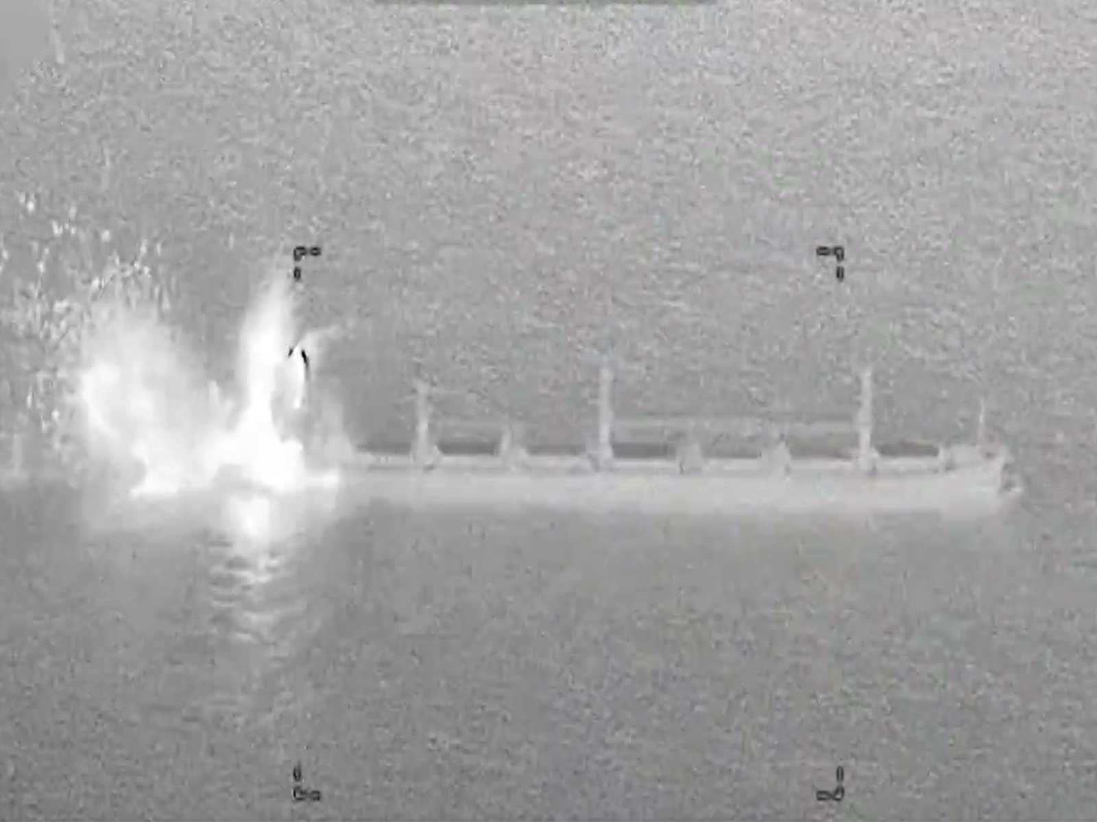 Smoke and fire rise from a commercial cargo vessel following a strike, which US Central Command says it had disabled in the Gulf of Oman after the ship's crew ignored warnings. (Photo: X/@CENTCOM)