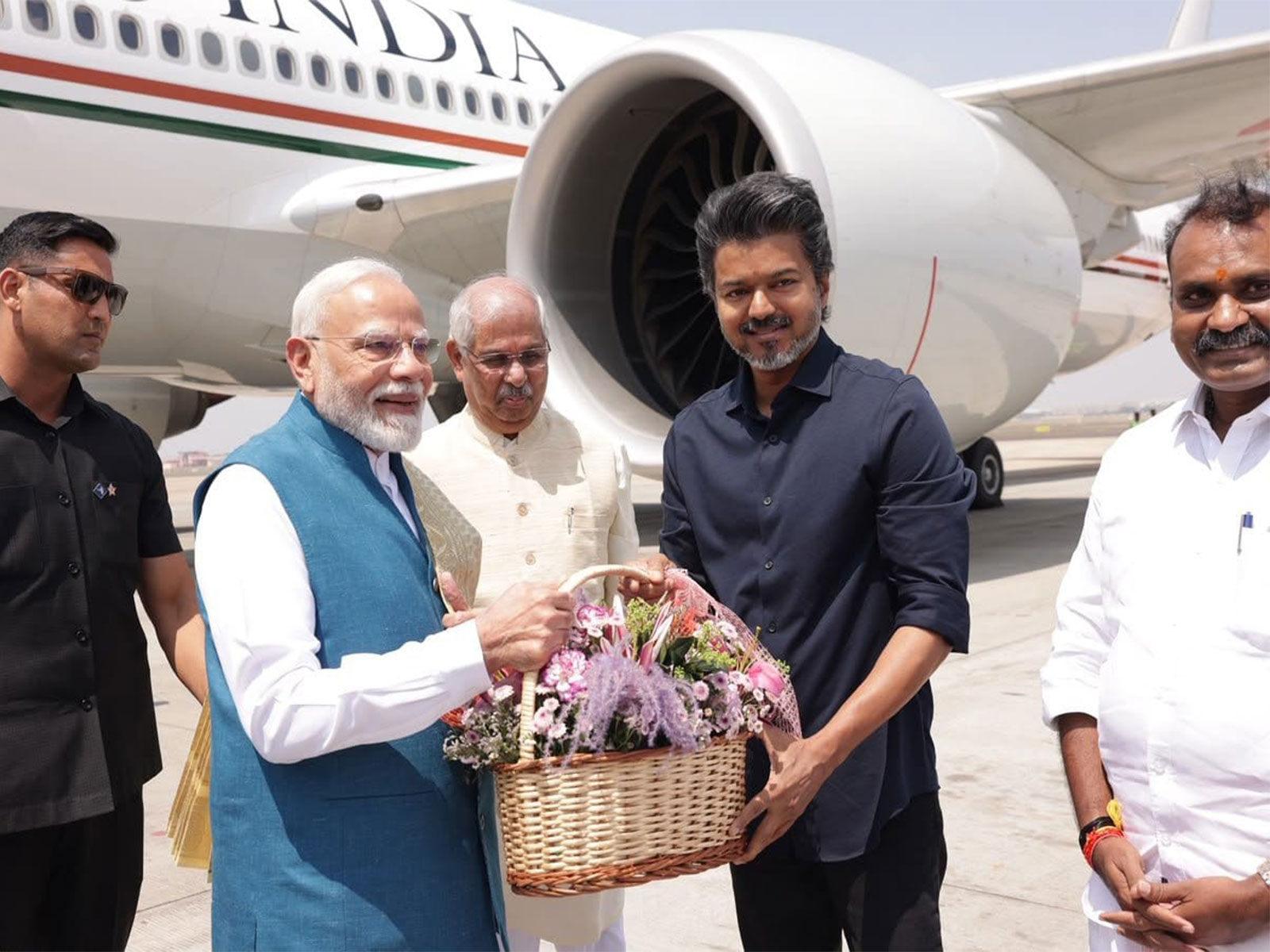 Prime Minister Narendra Modi and Tamil Nadu Chief Minister C. Joseph Vijay at Chennai Airport (Photo/TNDIPR)