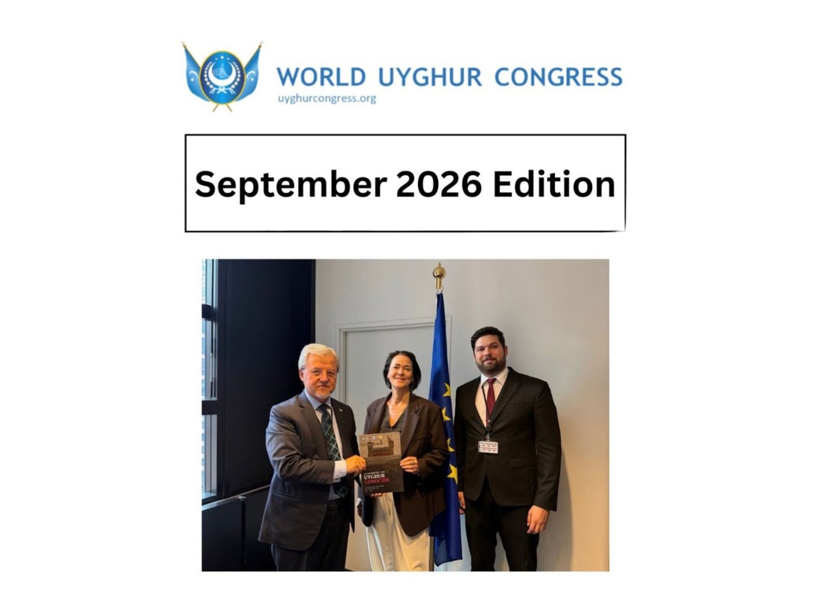 World Uyghur Congress representatives present a report on the Uyghur genocide to a European Parliament representative. (Photo: X/@UyghurCongress)