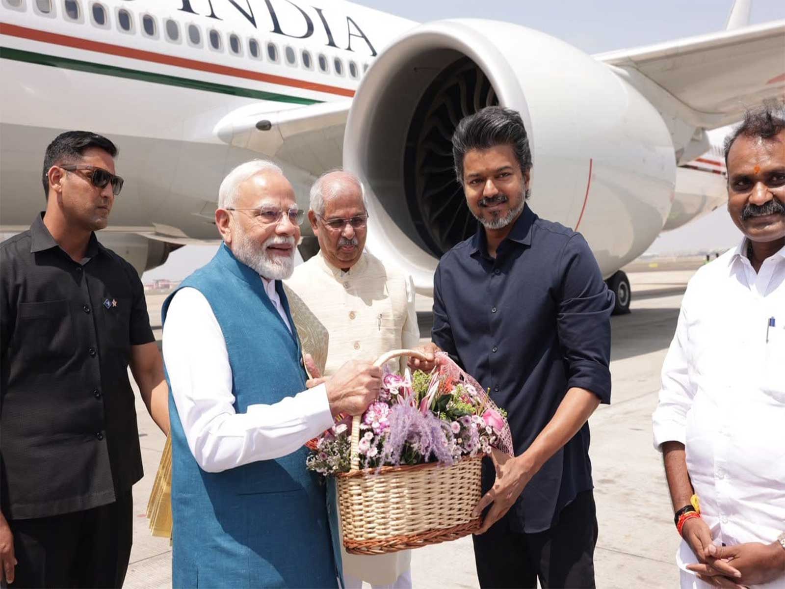 Prime Minister Narendra Modi was received by Tamil Nadu Chief Minister C. Joseph Vijay at Chennai Airport. (Photo/ ANI)