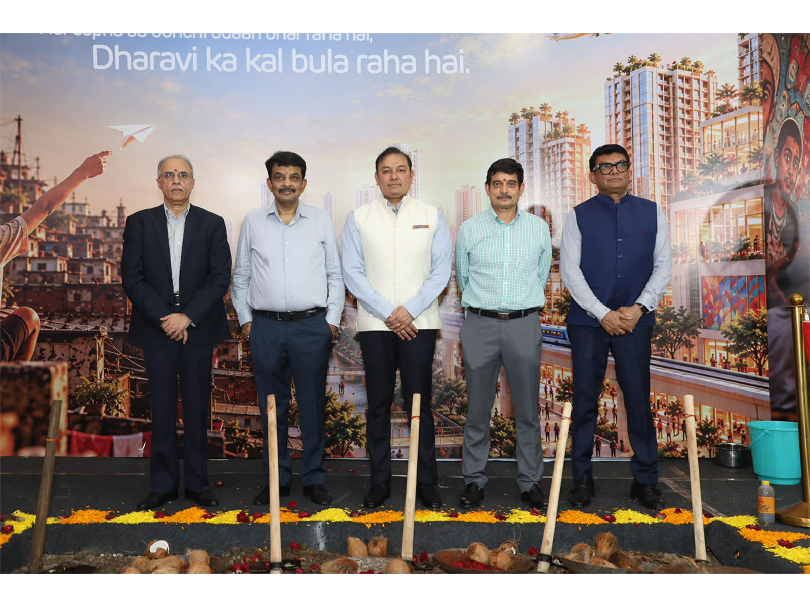 L to R: ANDPL CEO Mr Anil Sardana, Shri Aseem Kumar Gupta and Adani Realty CEO Mr Jackbastian Nazareth on the occasion of Bhoomi Poojan to mark the start of rehabilitation construction, on Monday (Photo/Adani release)