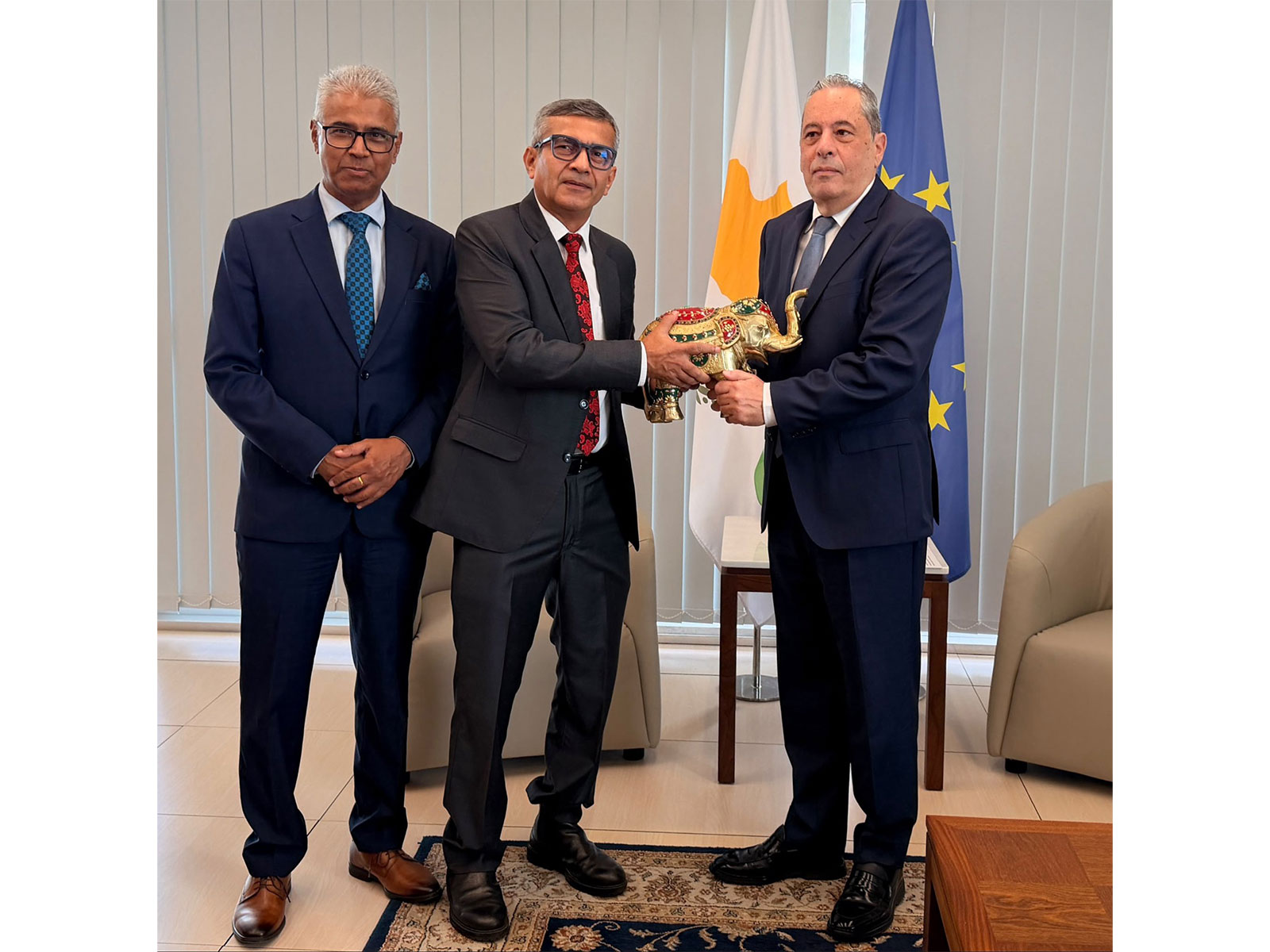 Defence Secretary Rajesh Kumar Singh presenting a traditional memento to Cypriot Defence Minister Vasilis Palmas during their meeting in Nicosia, accompanied by India's High Commissioner to Cyprus, Manish. (Photo: X/@SpokespersonMoD)