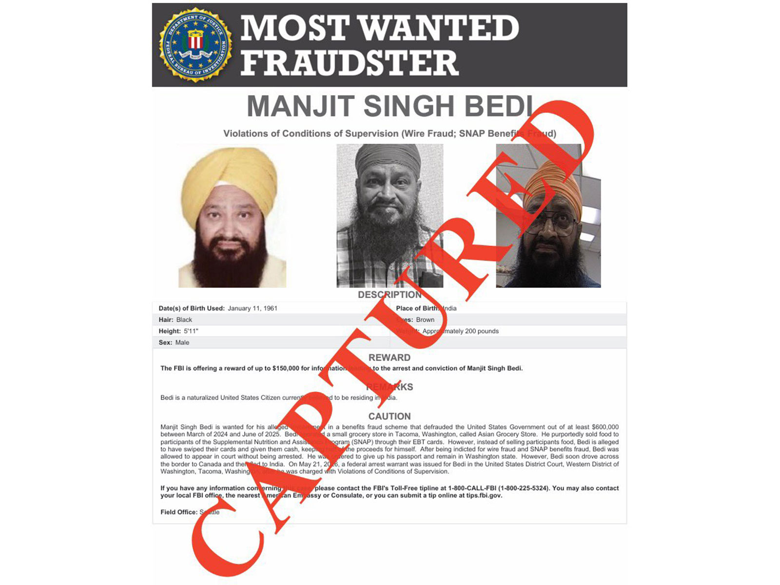Manjit Singh Bedi, one of the 'FBI’s Most Wanted Fraudsters' (Photo/X/@FBIDirectorKash)