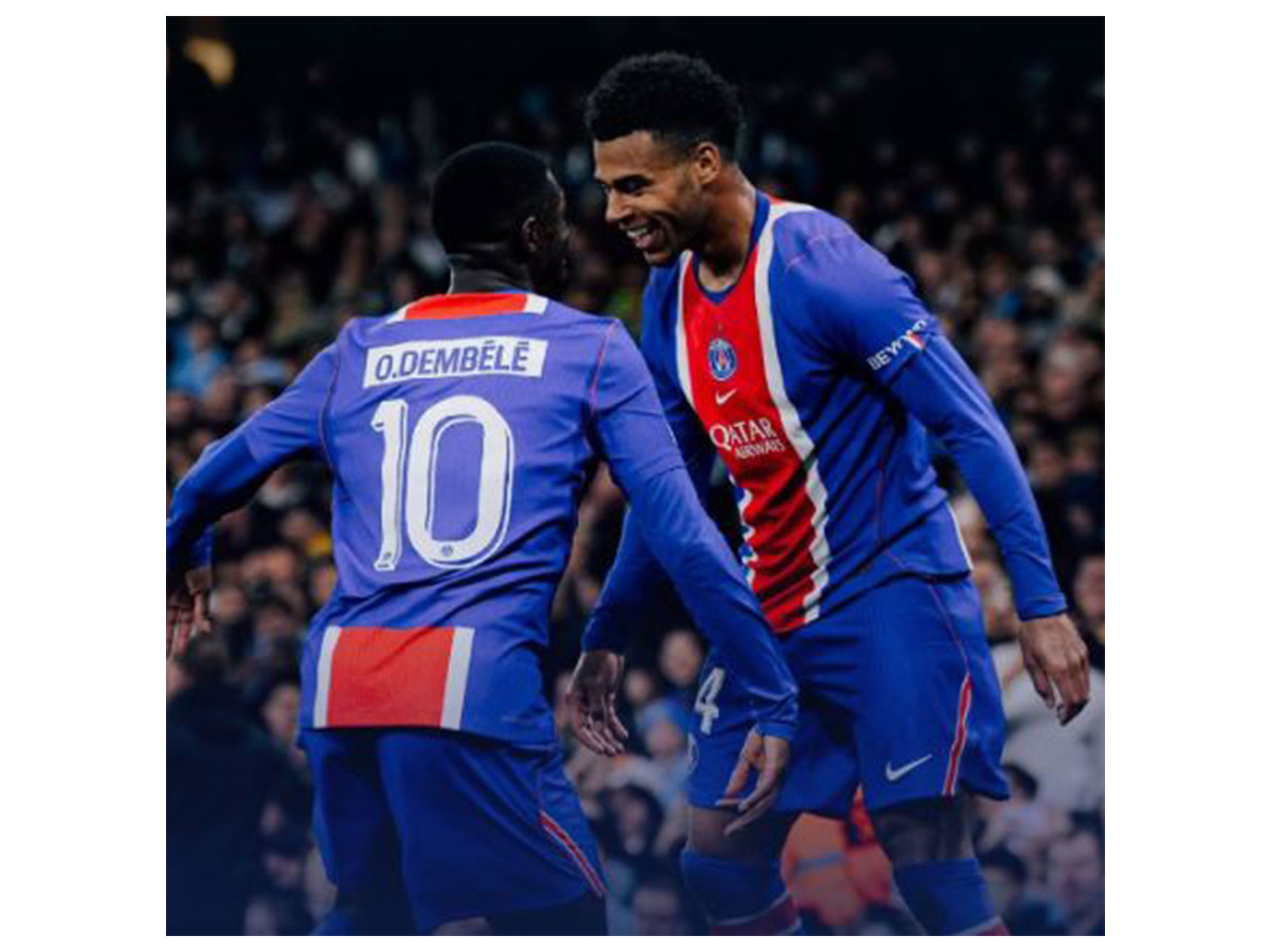 Paris Saint-Germain players Ousmane Dembele and Desire Doue celebrating (Photo: X/ @PSG_English)