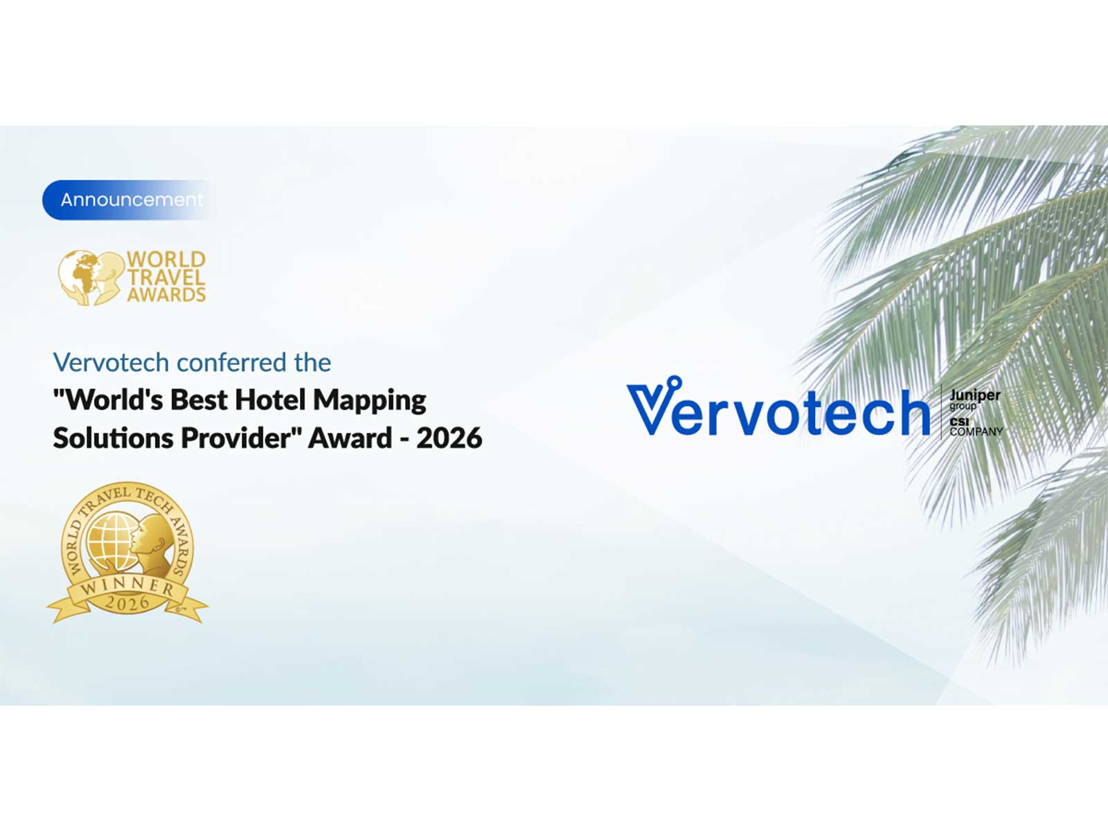 Vervotech wins World’s Best Hotel Mapping Solutions Provider at the World Travel Tech Awards 2026, recognized for reliable, AI-powered hotel data by the travel industry