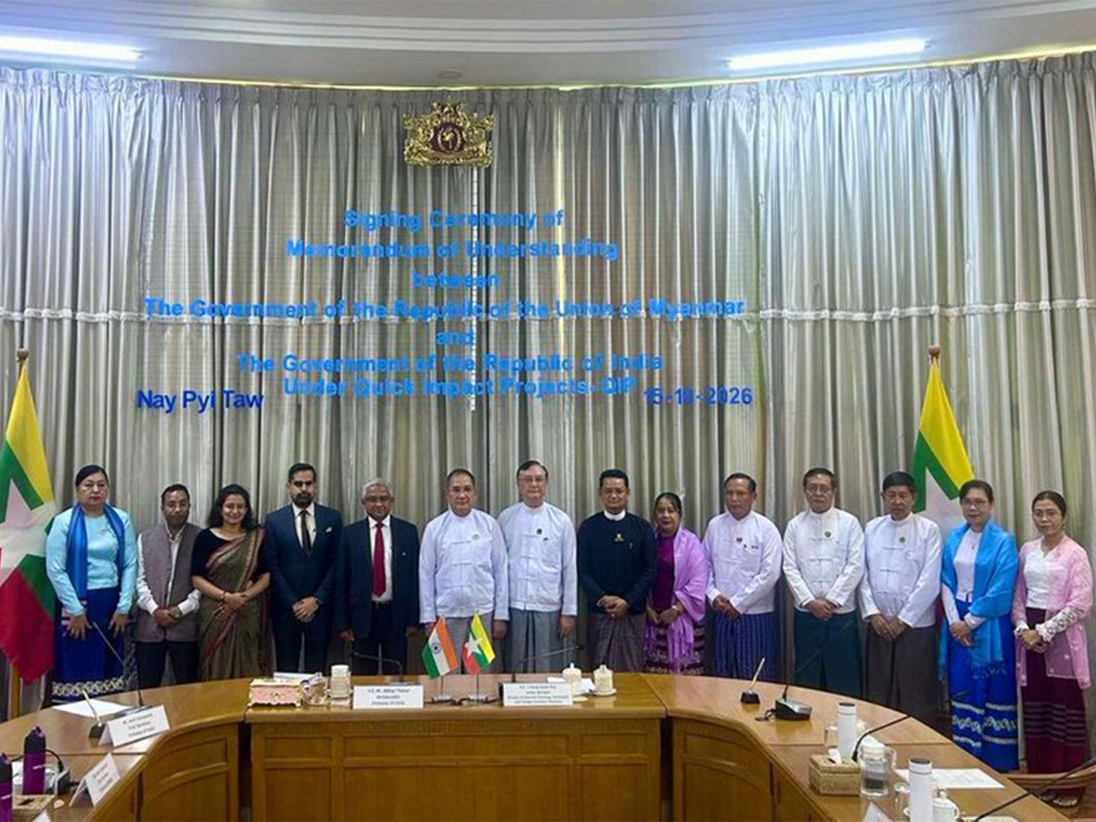 India's Ambassador to Myanmar Abhay Thakur and Myanmar's Union Minister  for National Planning, Investment and Foreign Economic Relations U Aung Kyaw Hoe with officials during the signing ceremony of MoUs on five Quick Impact Projects in Naypyitaw. (