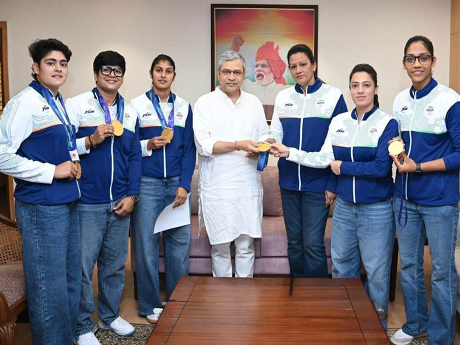 Ashwini Vaishnaw meets Asian Games 2026 gold medal-winning Indian Women’s Kabaddi Team at Rail Bhawan. (Photo/Indian Railways)