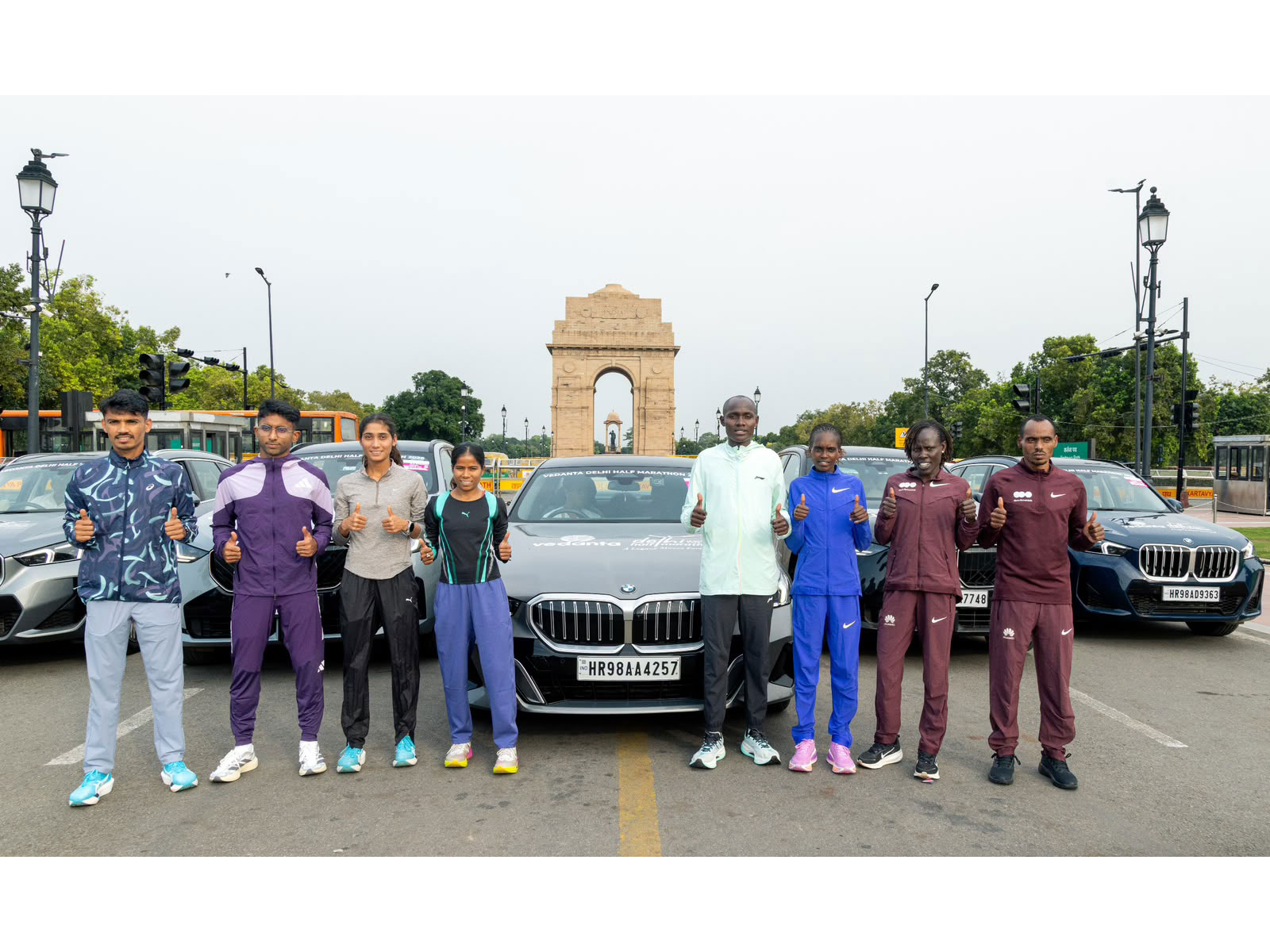 (From left to right): Kiran Matre, Kartik Karkera, Ankita Dhyani and Lili Das, Charles Mbatha Matata, Irine Cheptai, Lonah Chemtai Salpeter, and Birhanu Legese. (Photo: Delhi Half Marathon)