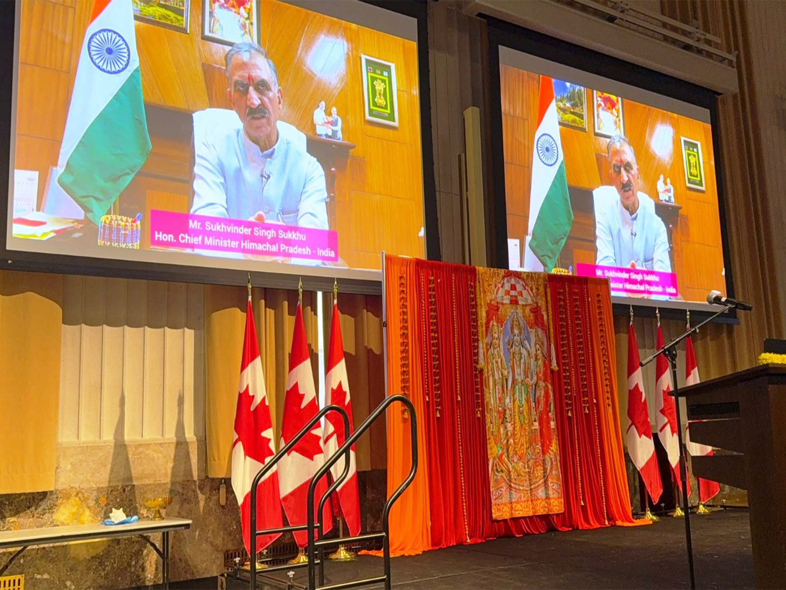 Himachal Pradesh Chief Minister Sukhvinder Singh Sukhu addresses Kullu Dussehra celebrations in Canada via video conference (Photo/ANI)