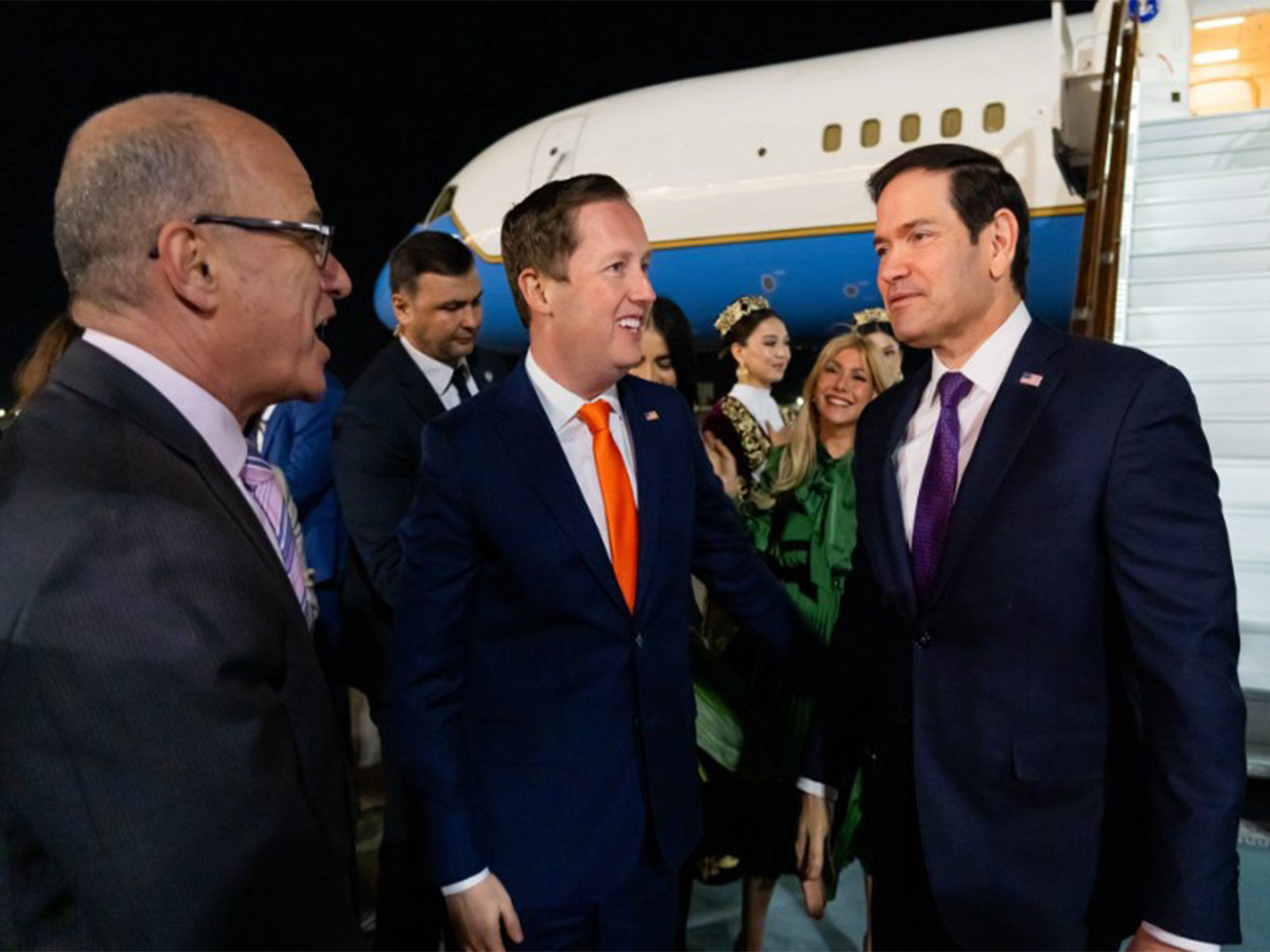 US Ambassador to India Sergio Gor welcomes Secretary of State Marco Rubio in Samarkand, Uzbekistan (Photo/X/@USAmbIndia)