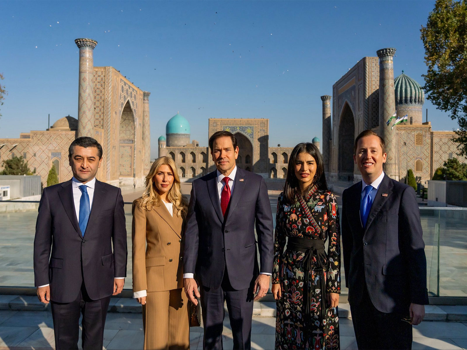Uzbekistan Foreign Minister Bakhtiyor Saido,  Jeanette Dousdebes Rubio (wife of US State Secy Marco Rubio), Marco Rubio, Deputy Chair of the National Security Council of Uzbekistan Saida (Photo/X/@USAmbIndia)