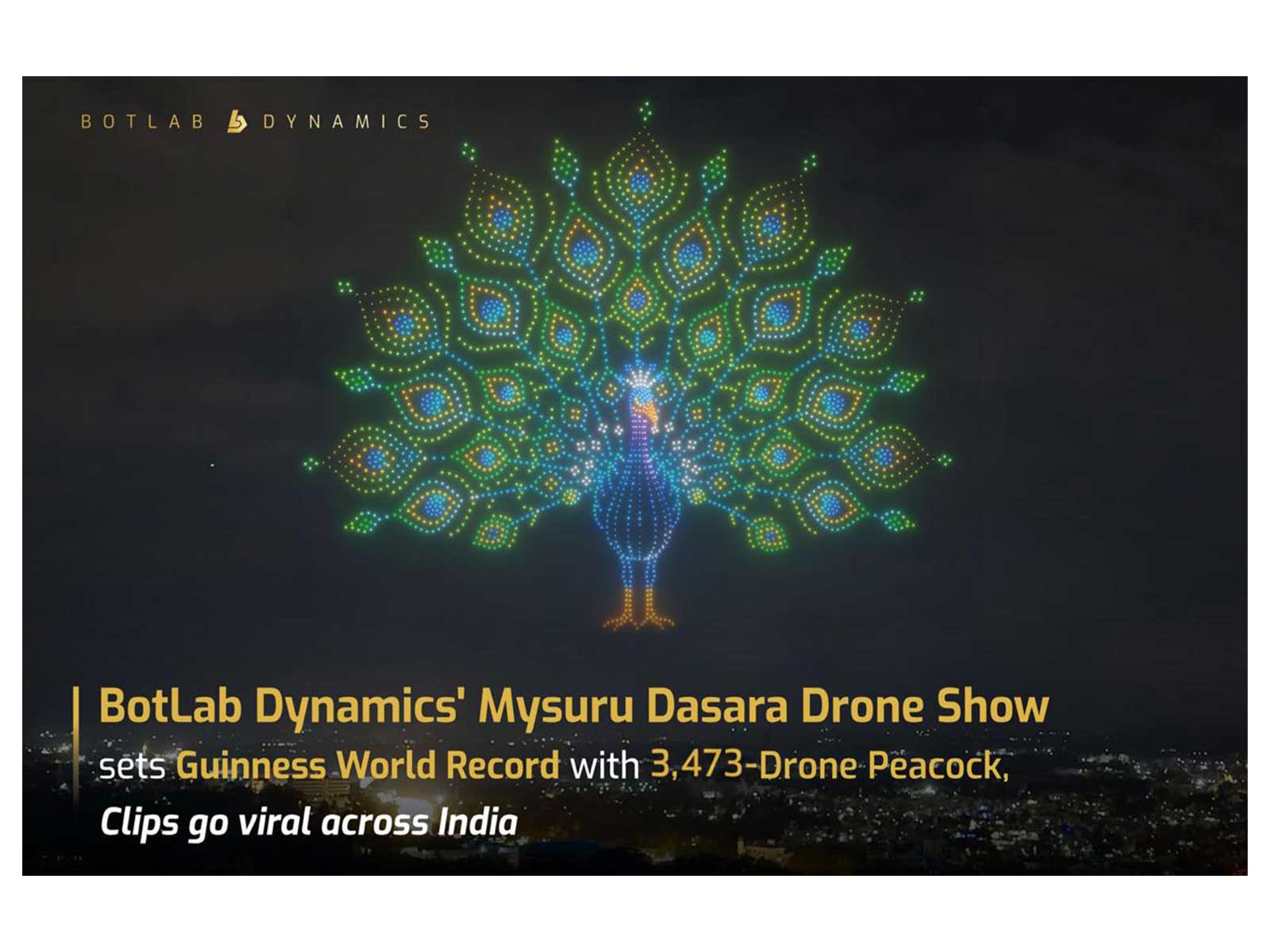 BotLab Dynamics’ giant peacock formation created with 3,473 drones, set a Guinness World Record at the Mysuru Dasara Drone Show 2026 in Bannimantap