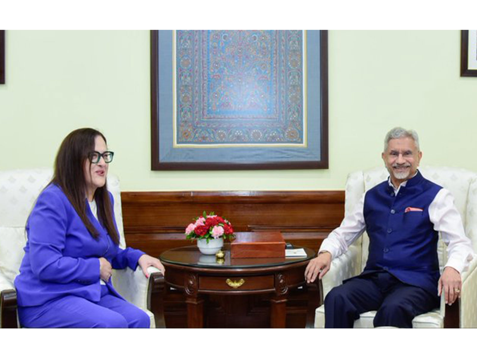 External Affairs Minister S Jaishankar meets outgoing Greek Ambassador to India Aliki Koutsomitopoulou in New Delhi on Monday. (Photo: X/@DrSJaishankar)