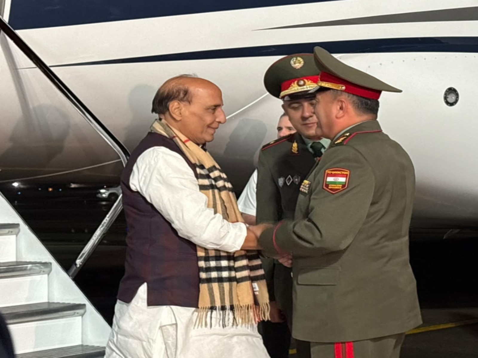 Defence Minister Rajnath Singh upon his arrival in Tajikistan to attend the 25th Meeting of the Council of Heads of Government of the Shanghai Cooperation Organisation (Photo/ANI)