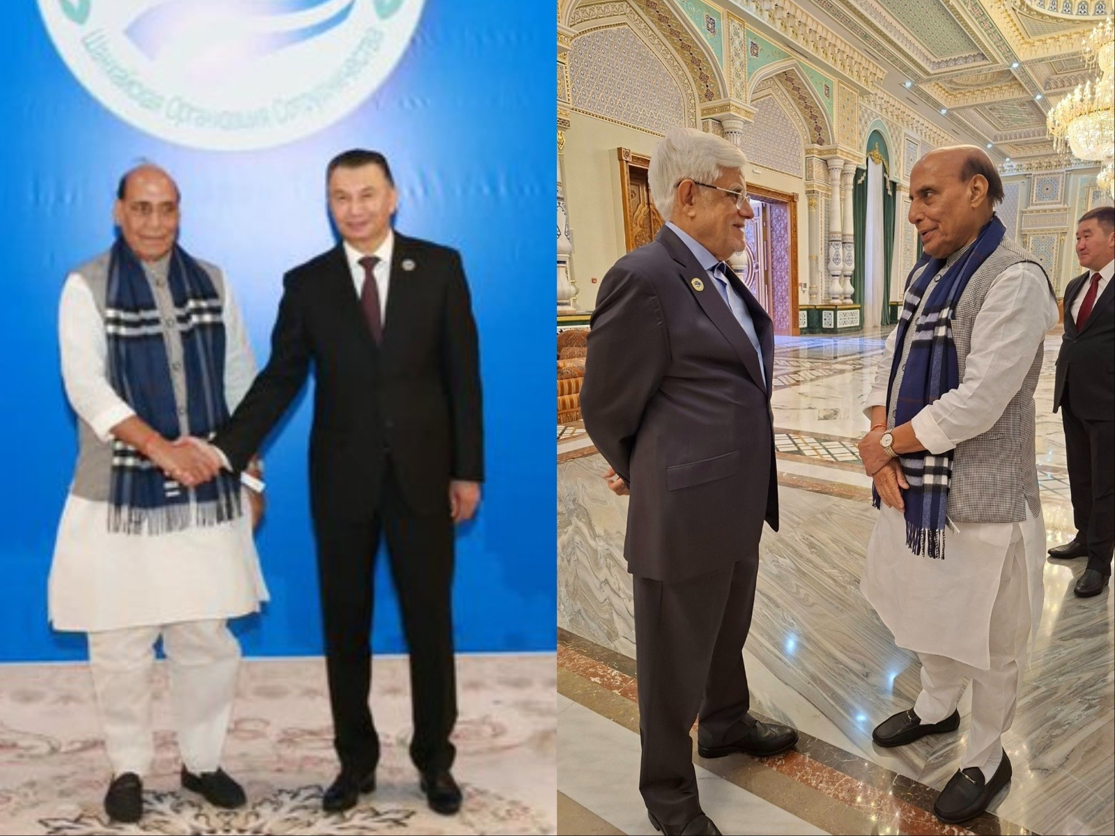 Defence Minister Rajnath Singh meets Tajikistan Prime Minister Qohir Rosulzoda and Iran's First Vice President Mohammad Reza Aref (Photo/X/@rajnathsingh)
