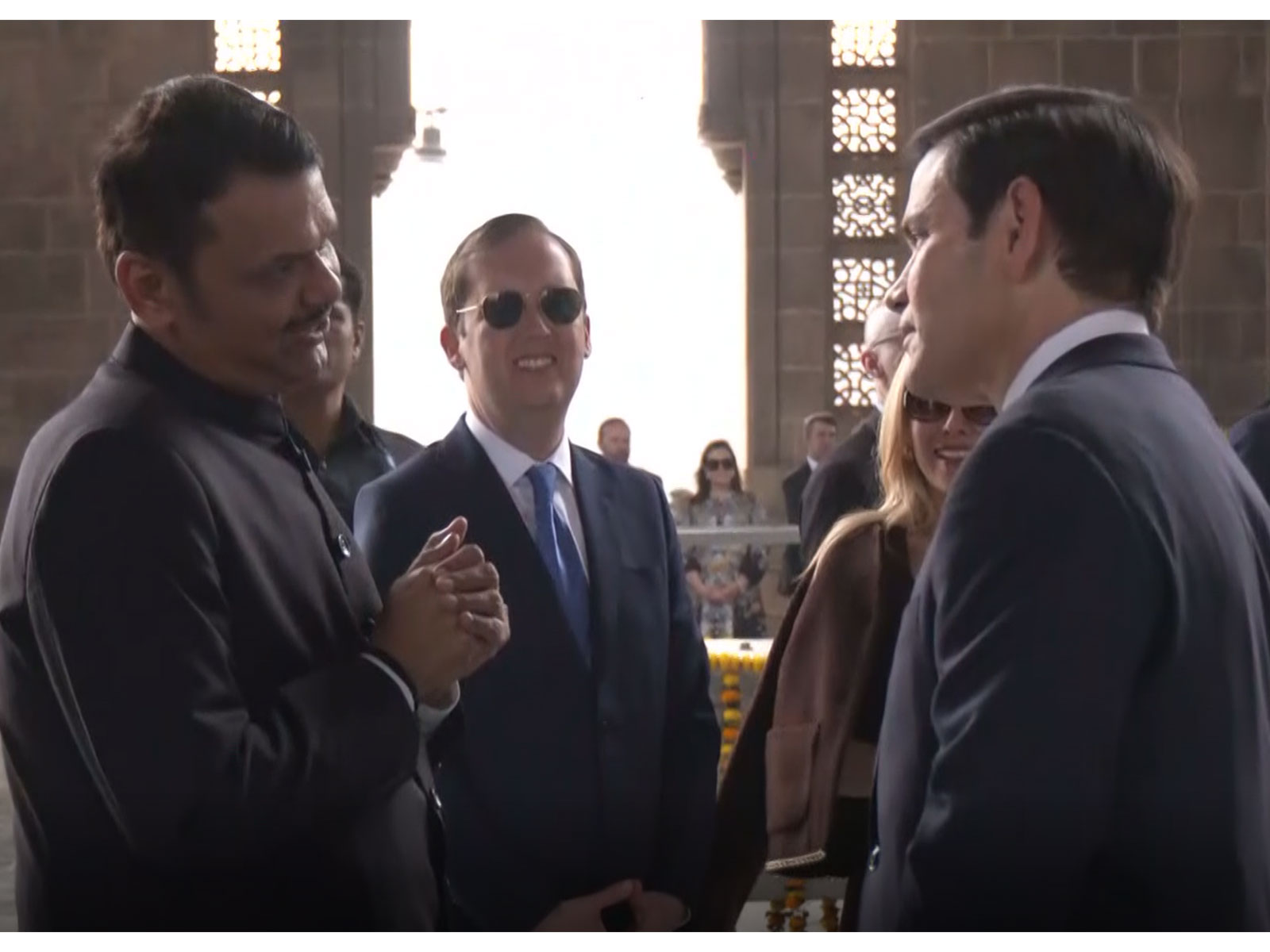 Maharashtra Chief Minister Devendra Fadnavis interacting with US Secretary of State Marco Rubio at Mumbai's iconic Gateway of India, with US Ambassador to India Sergio Gor also present (Photo/ANI)