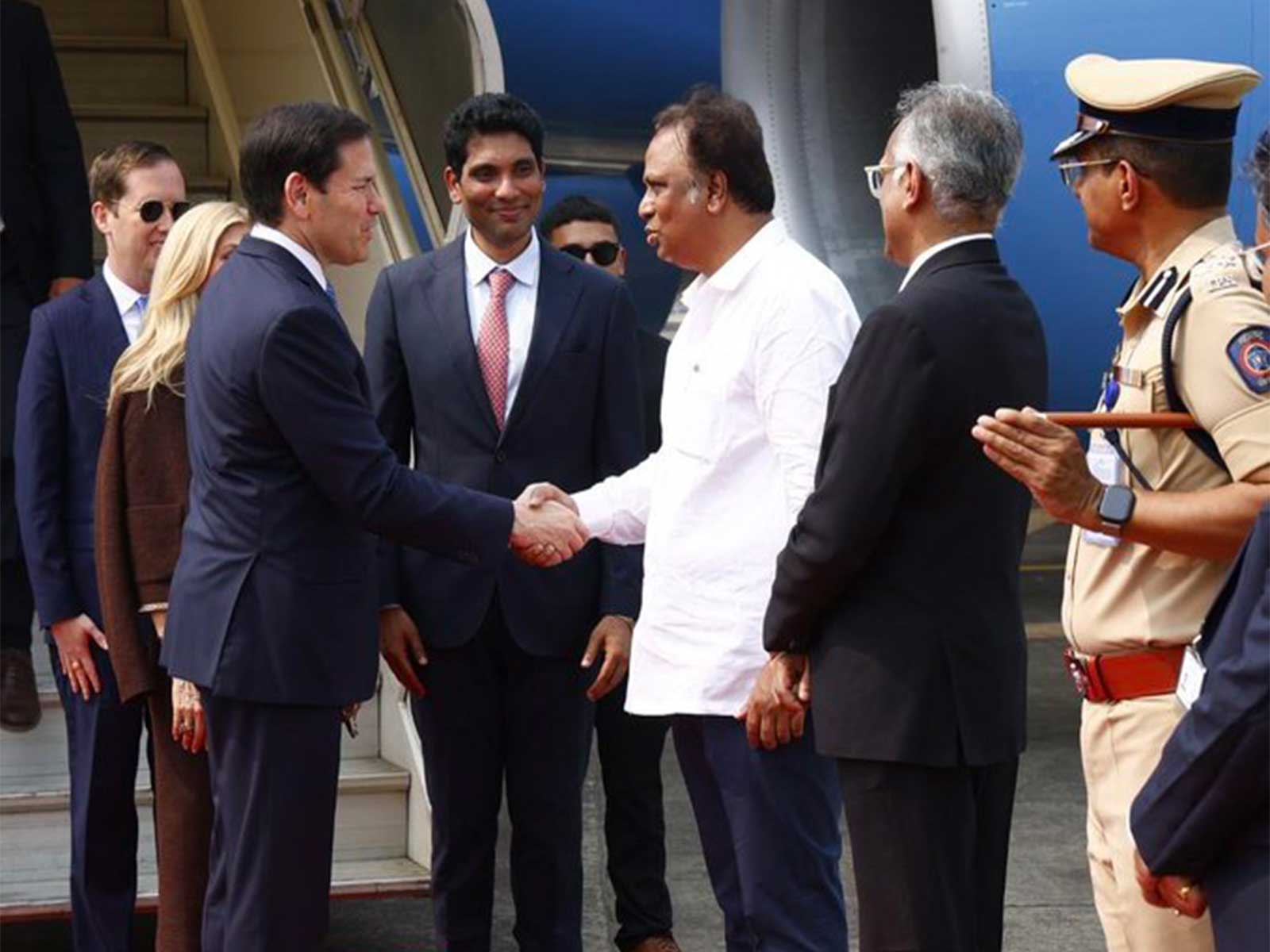 US Secretary of State Marco Rubio is received by Maharashtra Minister Ashish Shelar upon his arrival in Mumbai on Tuesday. (Photo: X/@MEAIndia)