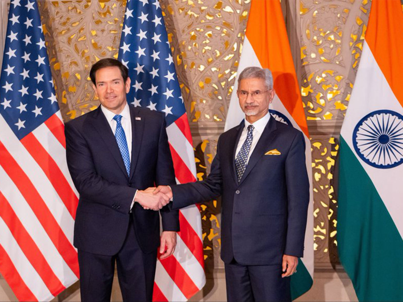 External Affairs Minister S. Jaishankar shaking hands with US Secretary of State Marco Rubio during their meeting in Mumbai. (Photo: X/@USAmbIndia)