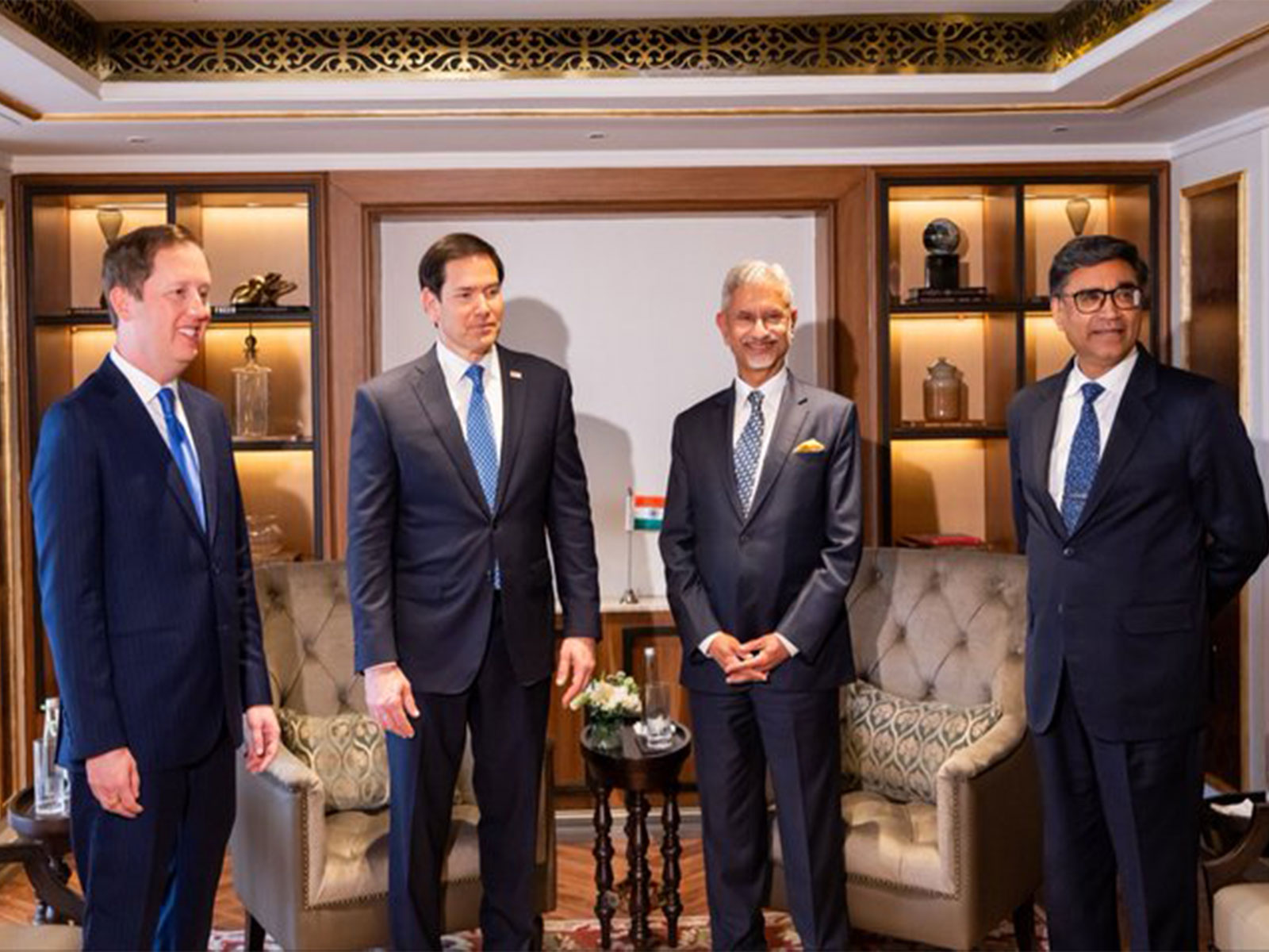 External Affairs Minister S. Jaishankar and US Secretary of State Marco Rubio during their meeting in Mumbai, alongside US Ambassador to India Sergio Gor and Foreign Secretary Vikram Misri. (Photo: X/@DrSJaishankar)