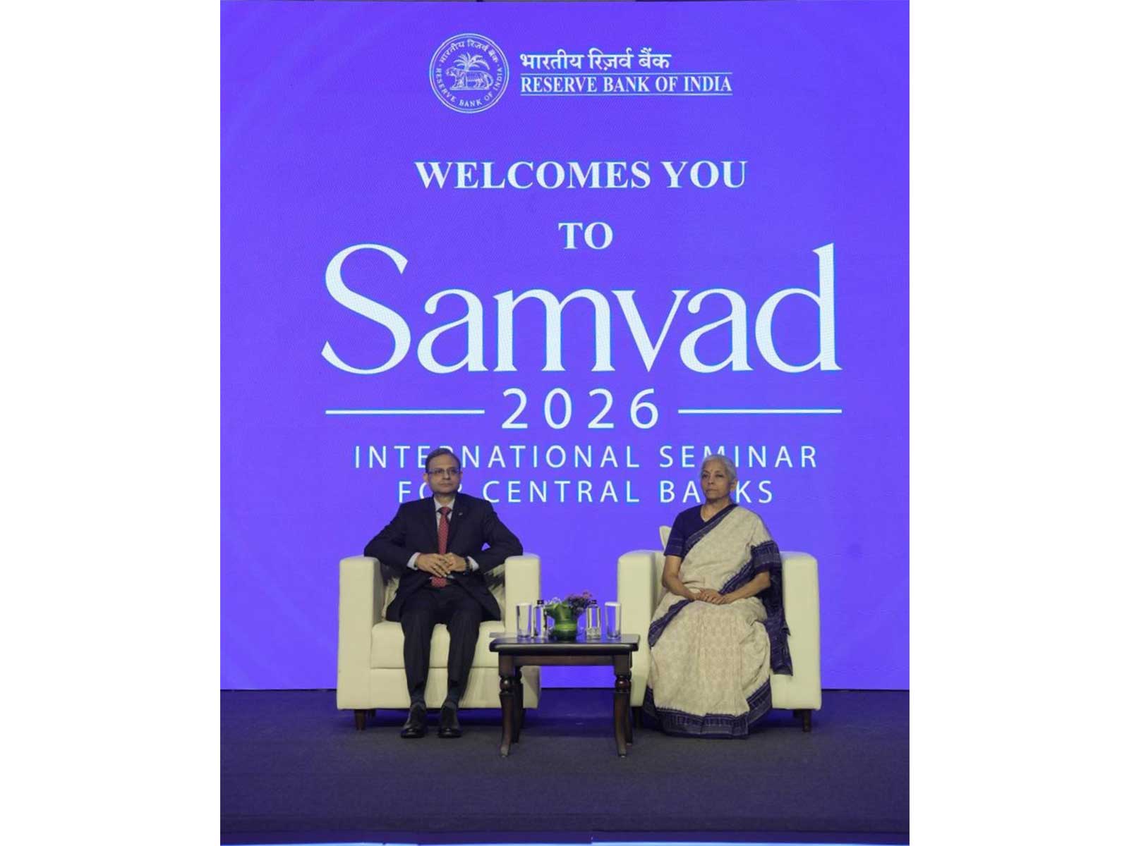 RBI Governor Sanjay Malhotra and Finance Minister Nirmala Sitharaman at SAMVAD 2026 in New Delhi (Photo/X@RBI)