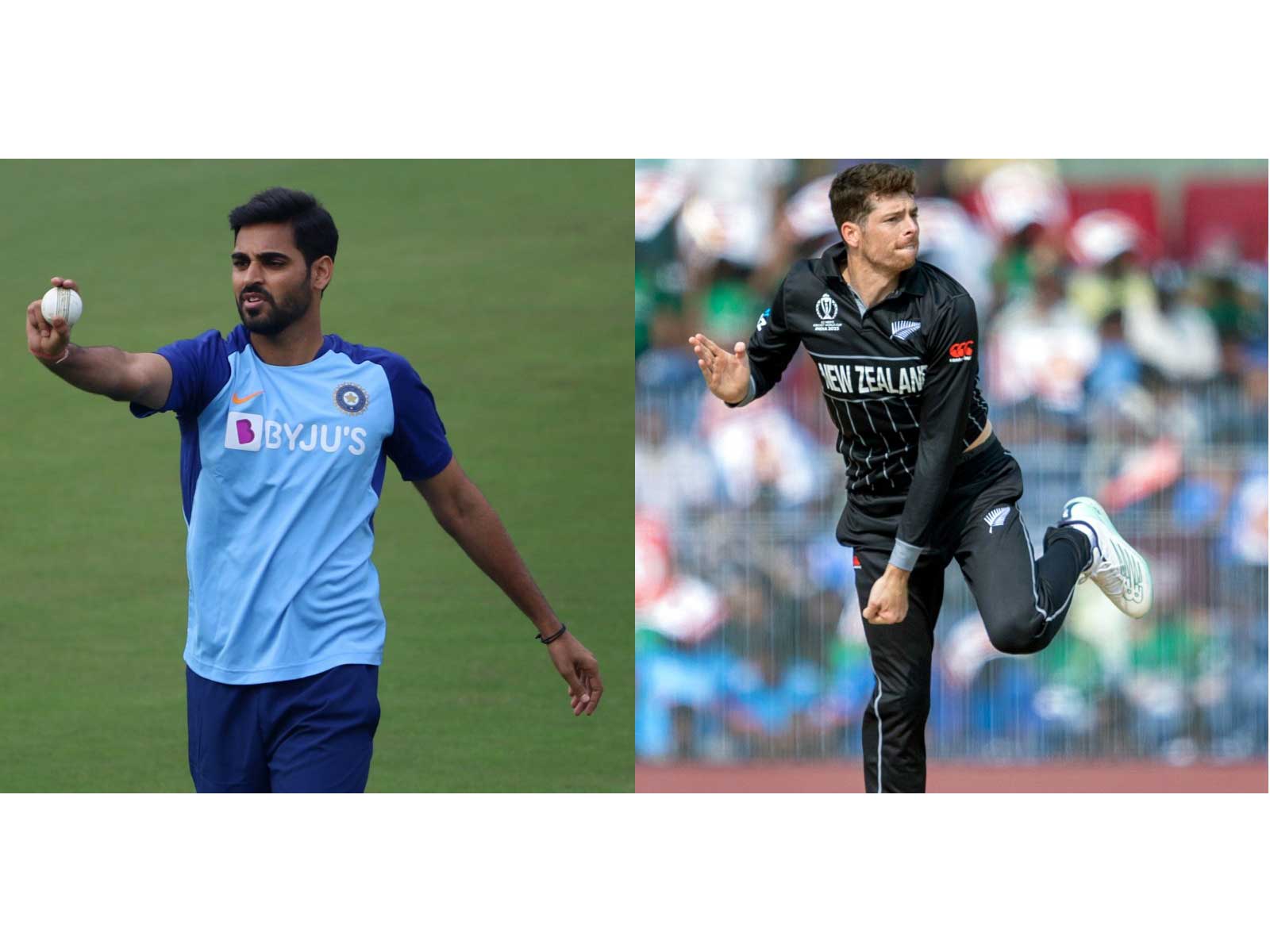 Bhuvneshwar Kumar (L) and Mitchell Santner. (Photo: ANI)