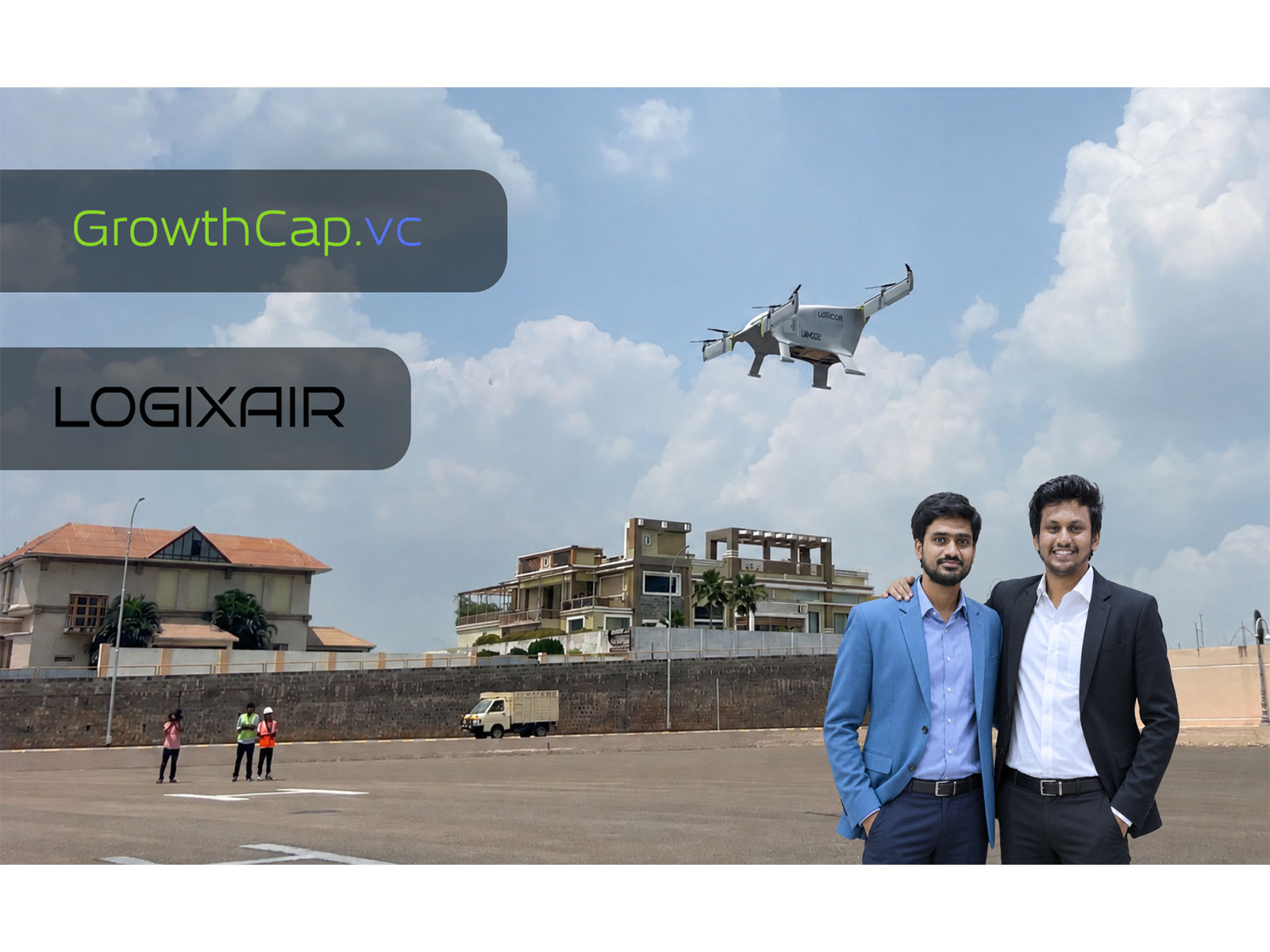 LogiXair Founders Pulla Kapil and Bhanu Teja Chidura (right), alongside the Winghead 002 flight demo in an operational environment, validating TRL 6