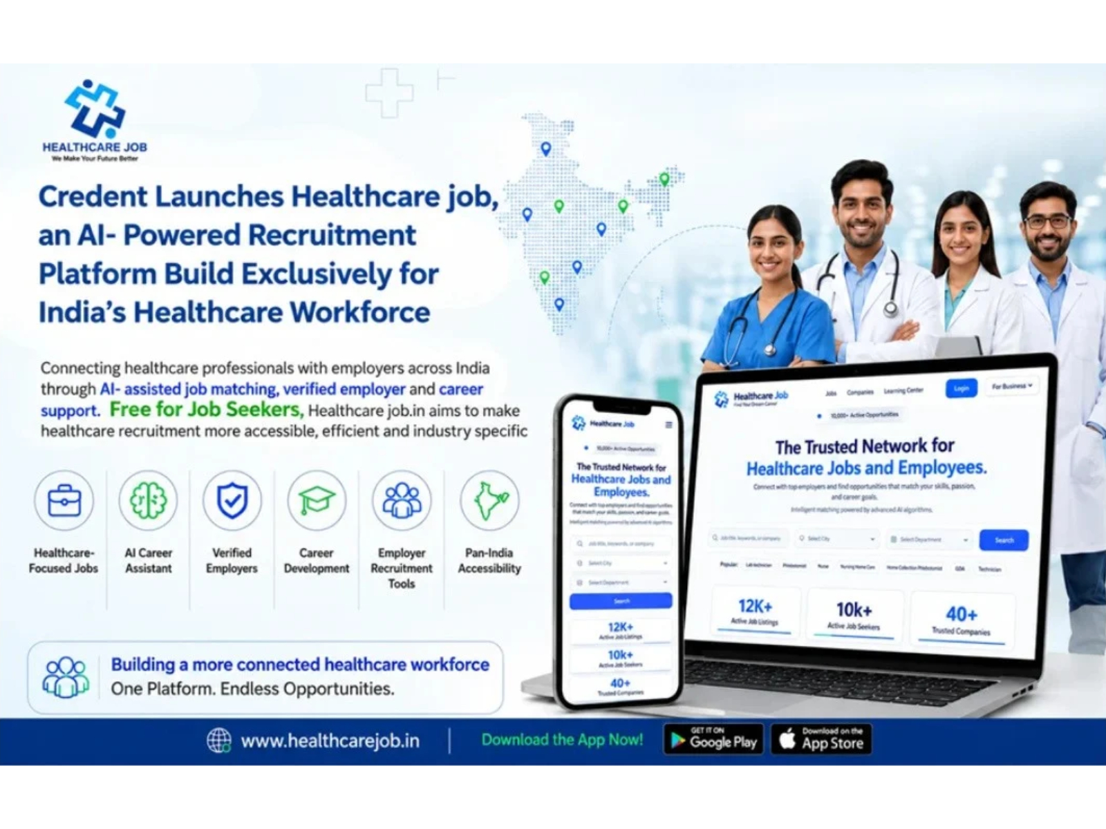 HealthcareJob.in connects healthcare professionals with verified employers across India through AI-assisted job matching and career support, free for job seekers.