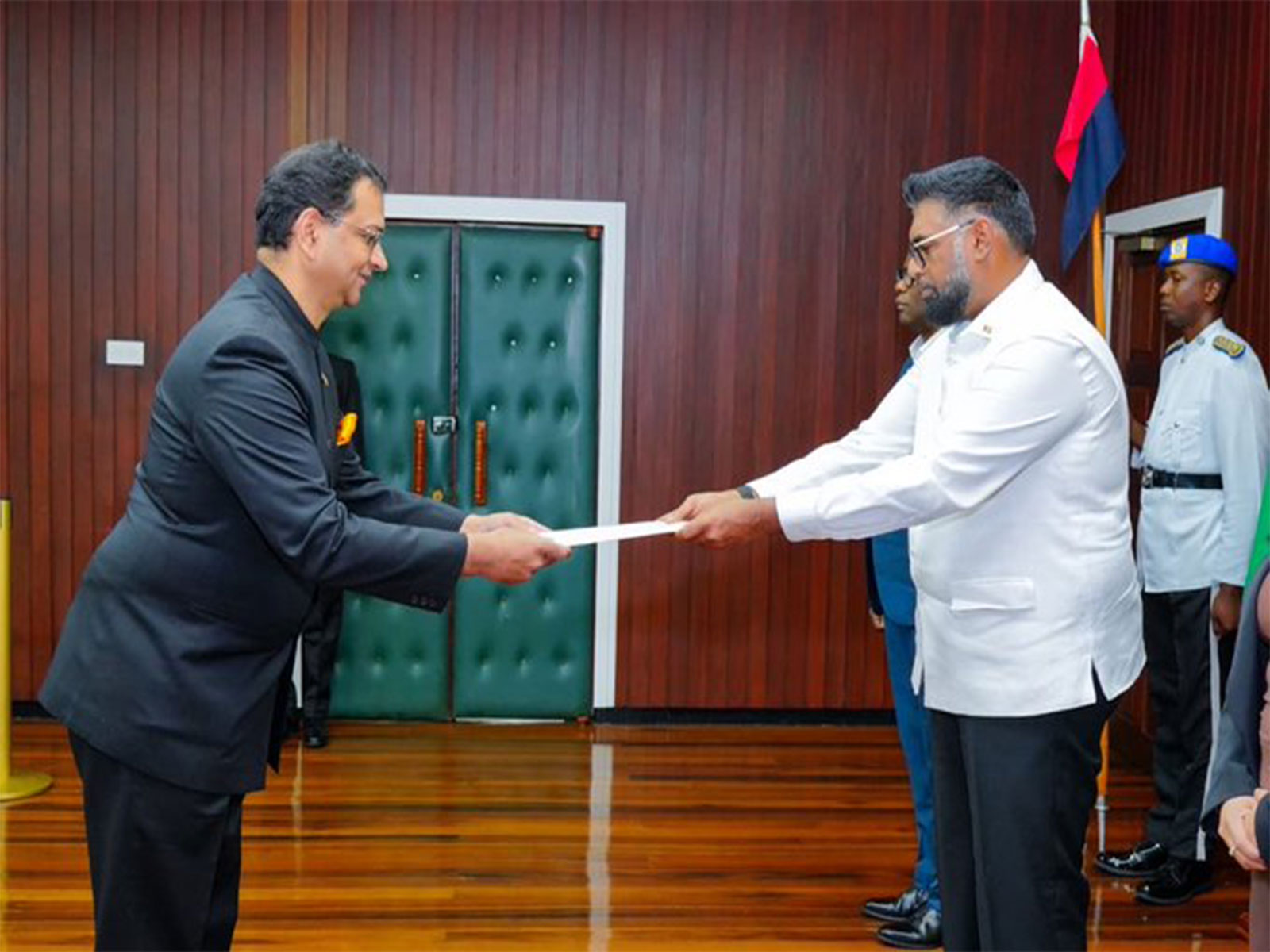 India's High Commissioner to Guyana, Chinmoy Naik, presenting his credentials to Guyana President Irfaan Ali during an official ceremony in Georgetown. (Photo: X/@IndiainGuyana)