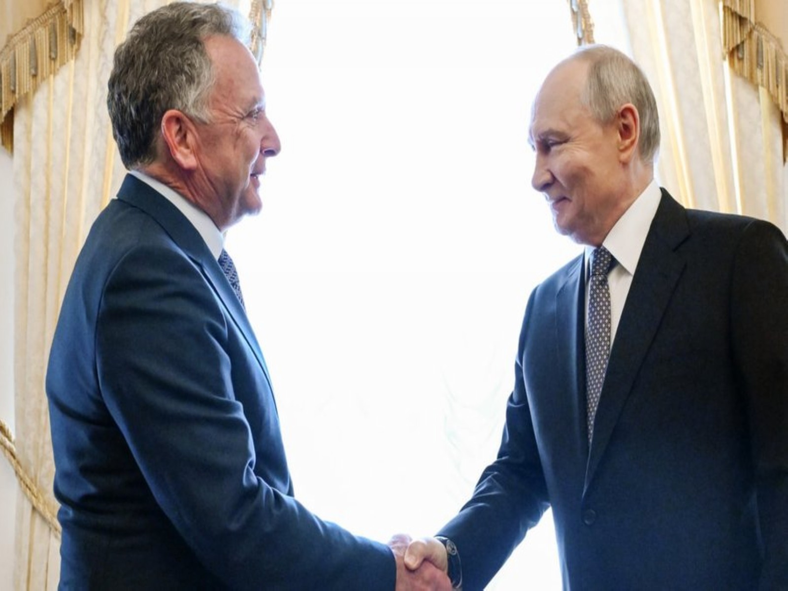 US special envoy Steve Witkoff shaking hands with Russian President Vladimir Putin during their talks in St. Petersburg. (Photo: X/@mfa_russia)