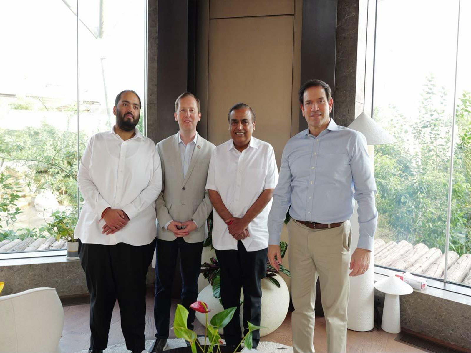 Reliance Industries Limited Chairman and Managing Director Mukesh Ambani and Executive Director Anant Ambani with US Secretary of State Marco Rubio. (Image Source: Reliance Industries)