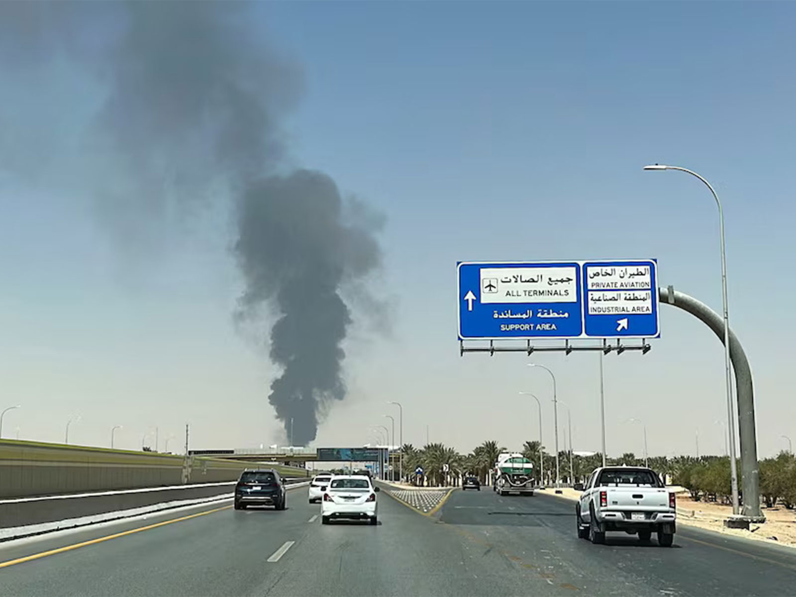 Large plume of black smoke rises from the fuel storage area at King Khalid International Airport, in Riyadh, Saudi Arabia. (File Photo/Reuters)