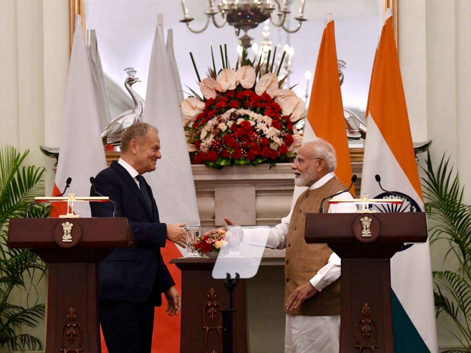 Prime Minister Narendra Modi  with Prime Minister of Poland Donald Tusk  during during Joint Press Statements  at Hyderabad House, in New Delhi on Thursday (Photo/ANI/Rahul Singh)